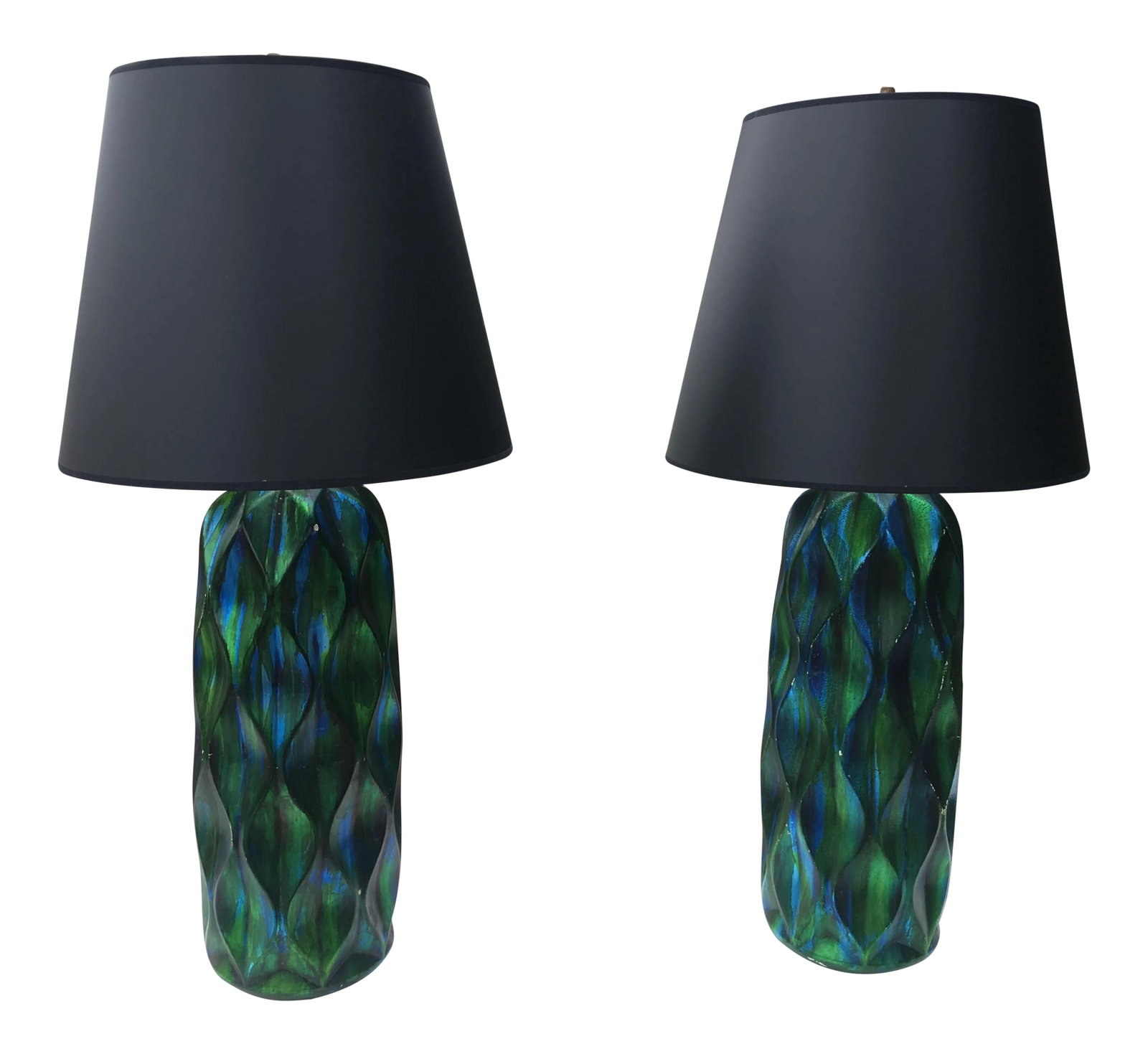 Pair of Tall Mid-Century Iridescent Ceramic Table Lamps – Blue & Green Glaze With Custom: An incredible pair of tall mid-century modern ceramic table lamps, featuring a brilliant iridescent glaze in deep blue and green tones that shift beautifully in the light. The glaze has a lustrous,