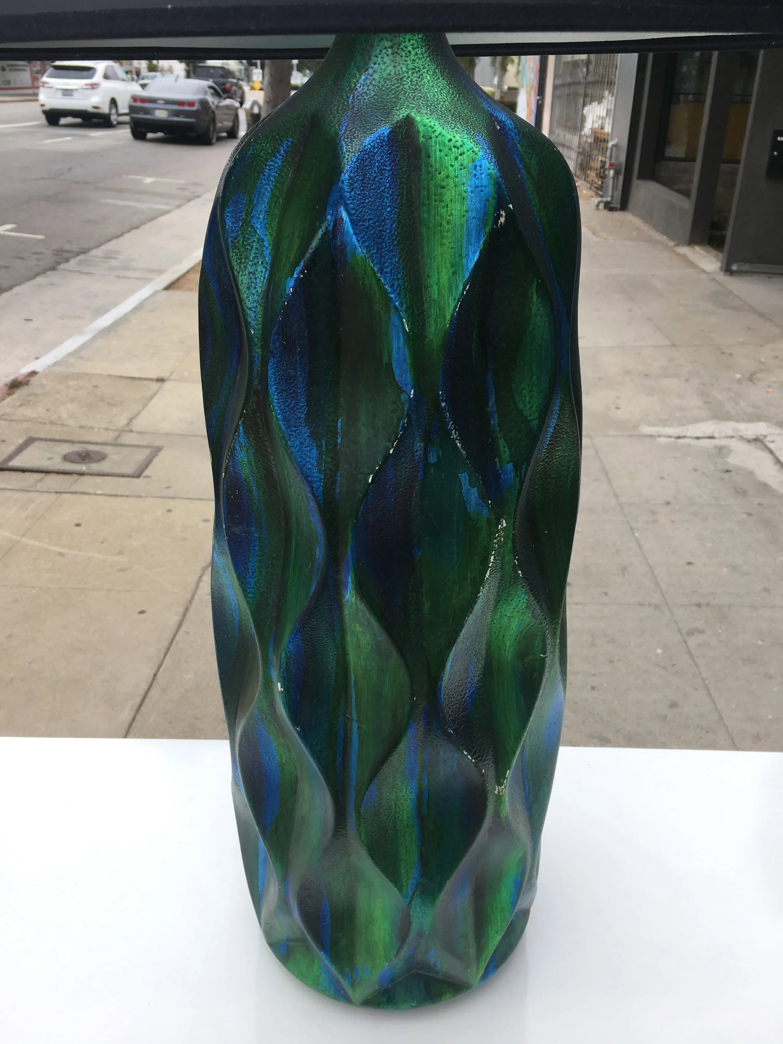 Pair of Tall Mid-Century Iridescent Ceramic Table Lamps – Blue & Green Glaze With Custom - 5