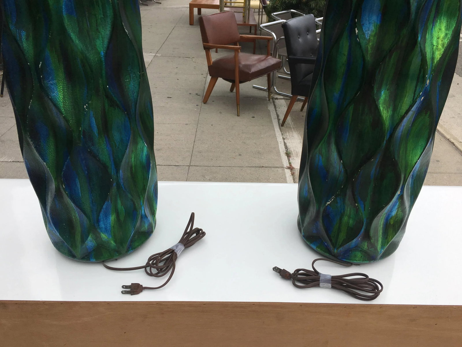 Pair of Tall Mid-Century Iridescent Ceramic Table Lamps – Blue & Green Glaze With Custom - 7