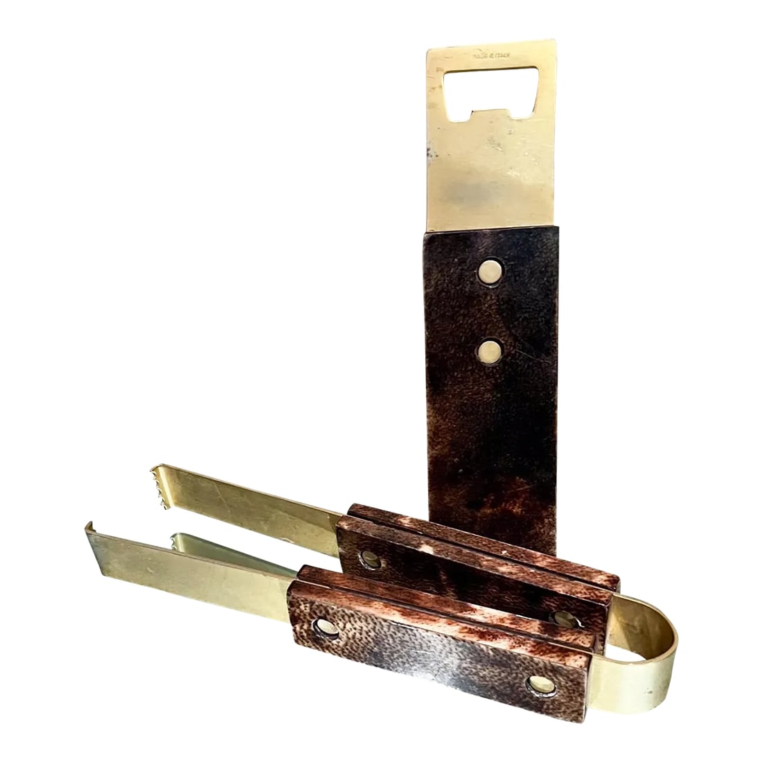 Aldo Tura Barware Bottle Opener + Ice Tongs Goatskin and Brass Italy (1 of 10)