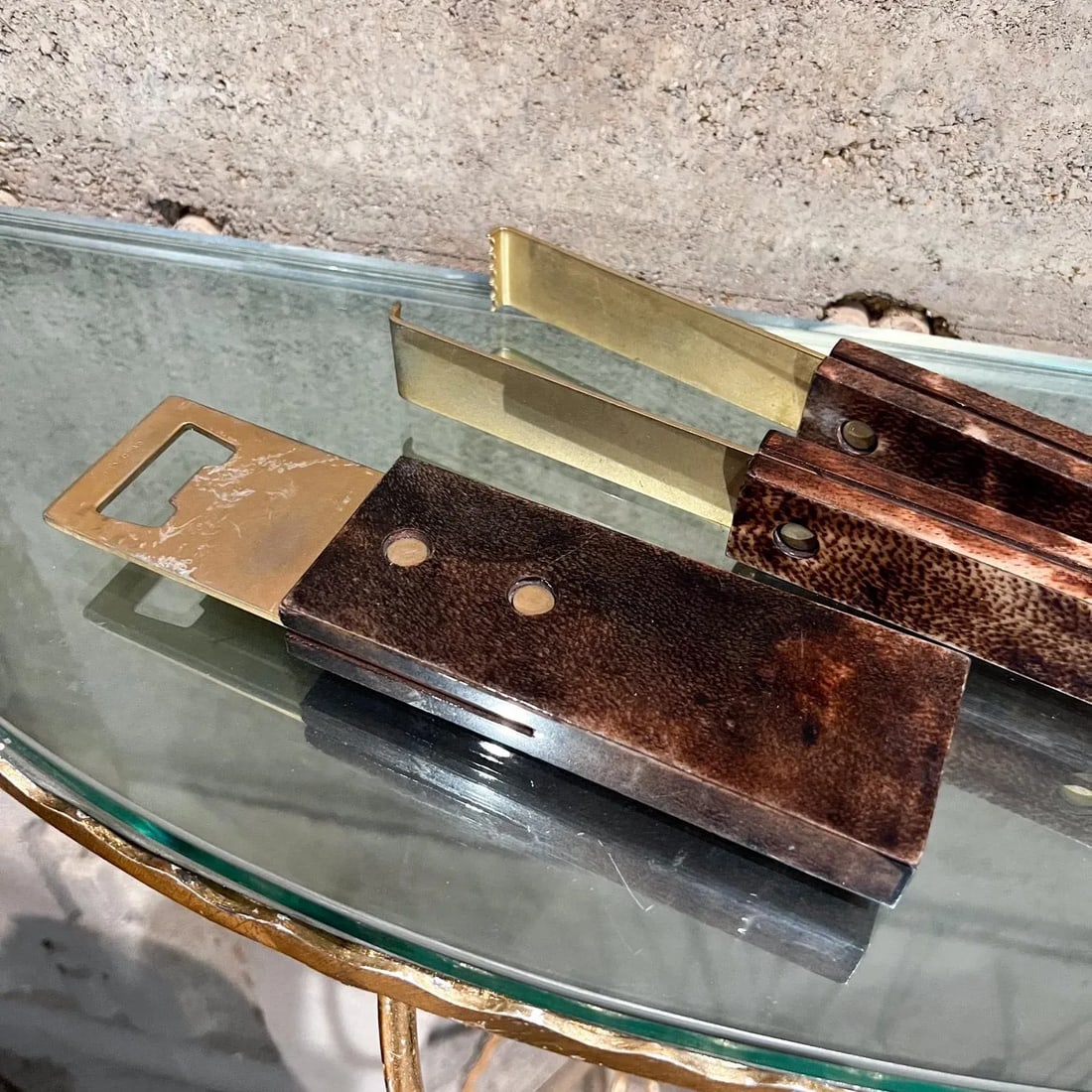 Aldo Tura Barware Bottle Opener + Ice Tongs Goatskin and Brass Italy - 5