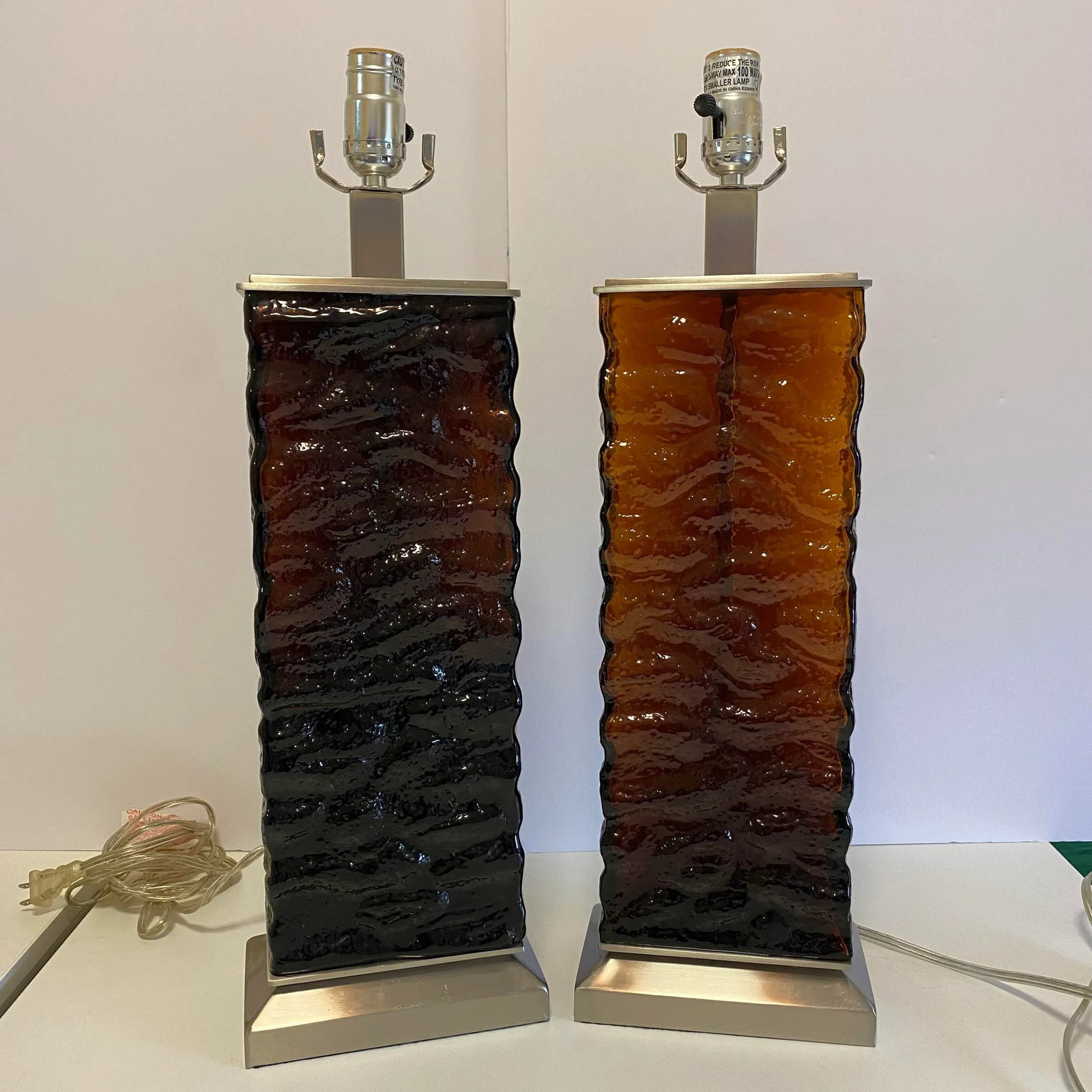 Amber-Brown Textured Wavy Glass Table Lamps in the Mid-Century Modern Taste - A Pair - 2