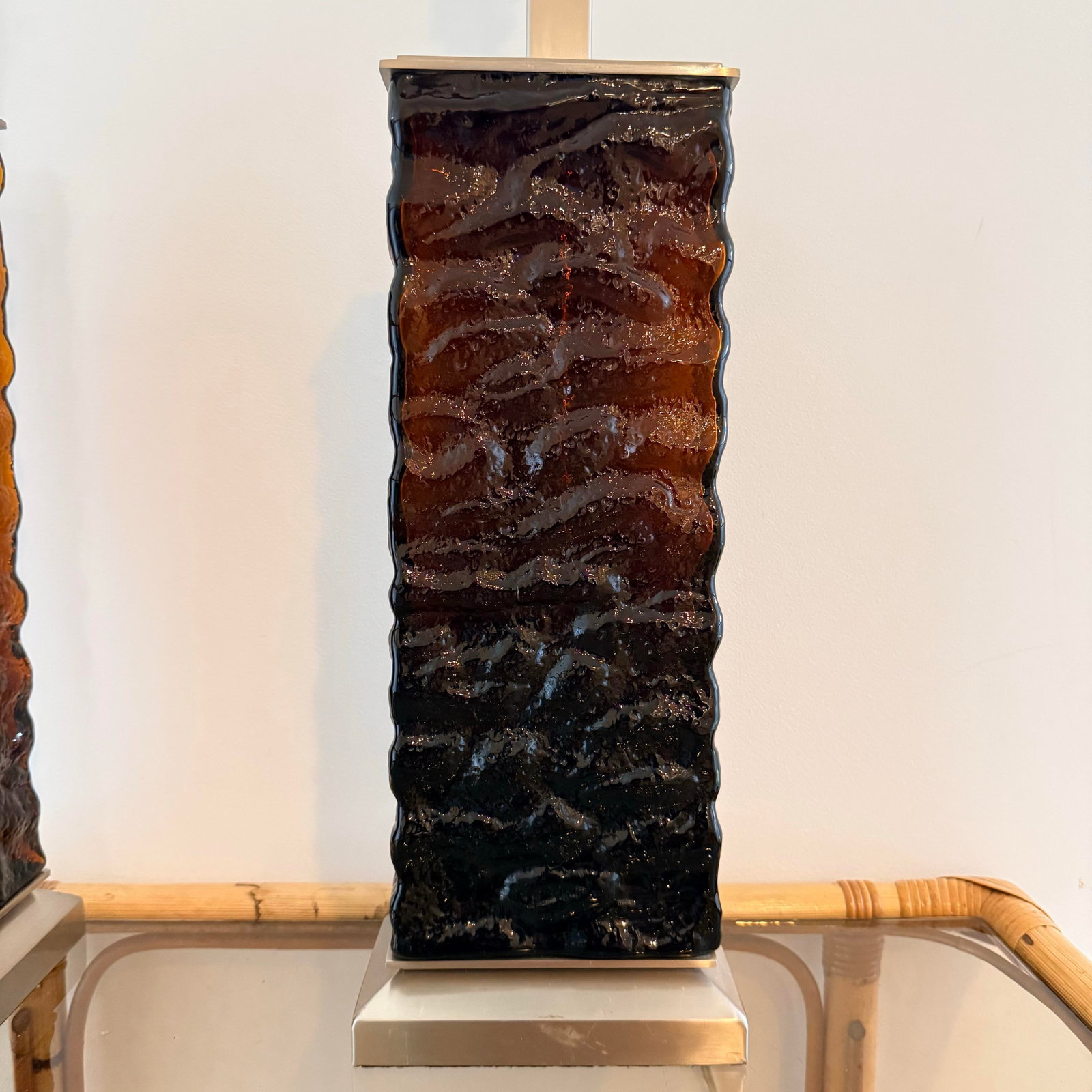 Amber-Brown Textured Wavy Glass Table Lamps in the Mid-Century Modern Taste - A Pair - 4