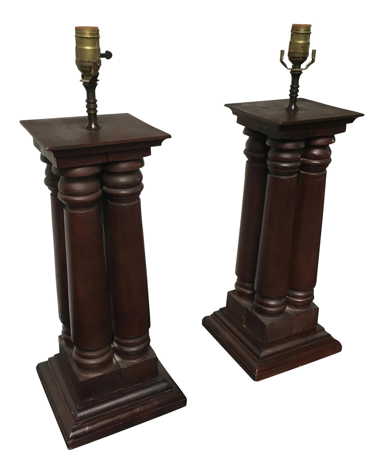 Early 20th Century Antique Wooden Architectural Table Lamps - a Pair: Fantastic pair of solid wood architectural lamps from the early 20th century. Comprised of four stylized columns (early American style) with top and bottom caps that have fantastic simple detailing.