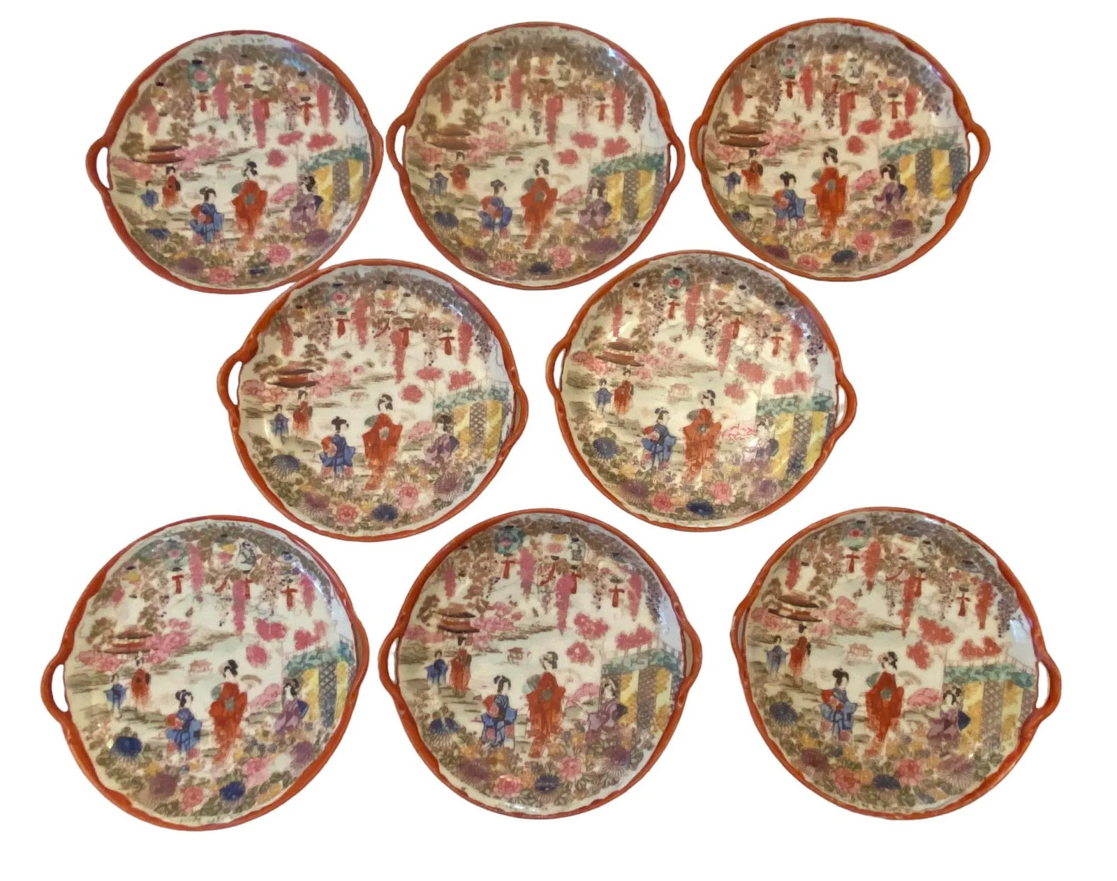Vintage Chinoiserie Ceramic Handpainted Luncheon Hors D'Oeuvres Plates - Set of 8 - 12