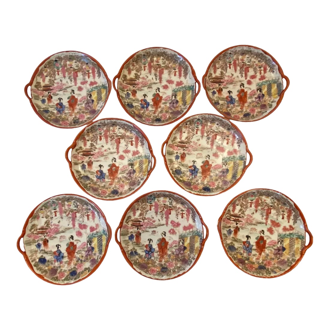 Vintage Chinoiserie Ceramic Handpainted Luncheon Hors D'Oeuvres Plates - Set of 8
