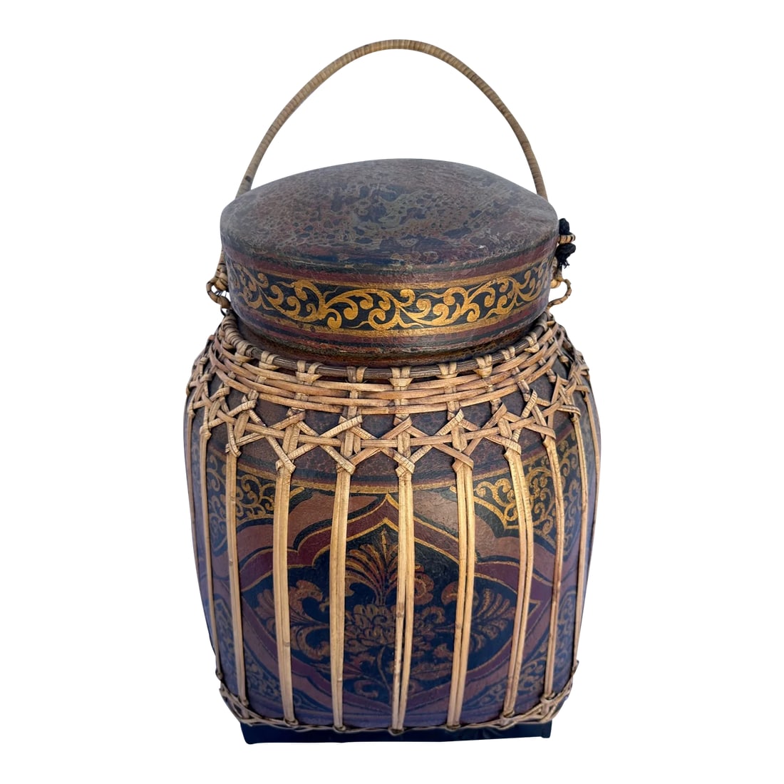 Vintage Thai Bamboo Rice Basket/Box: Beautiful Antique Asian Rice Box Hand Painted dark Red/black w/woven bamboo. Its used to create stunning decorative containers for display. Traditionally used in South East Asian homes to store rice.