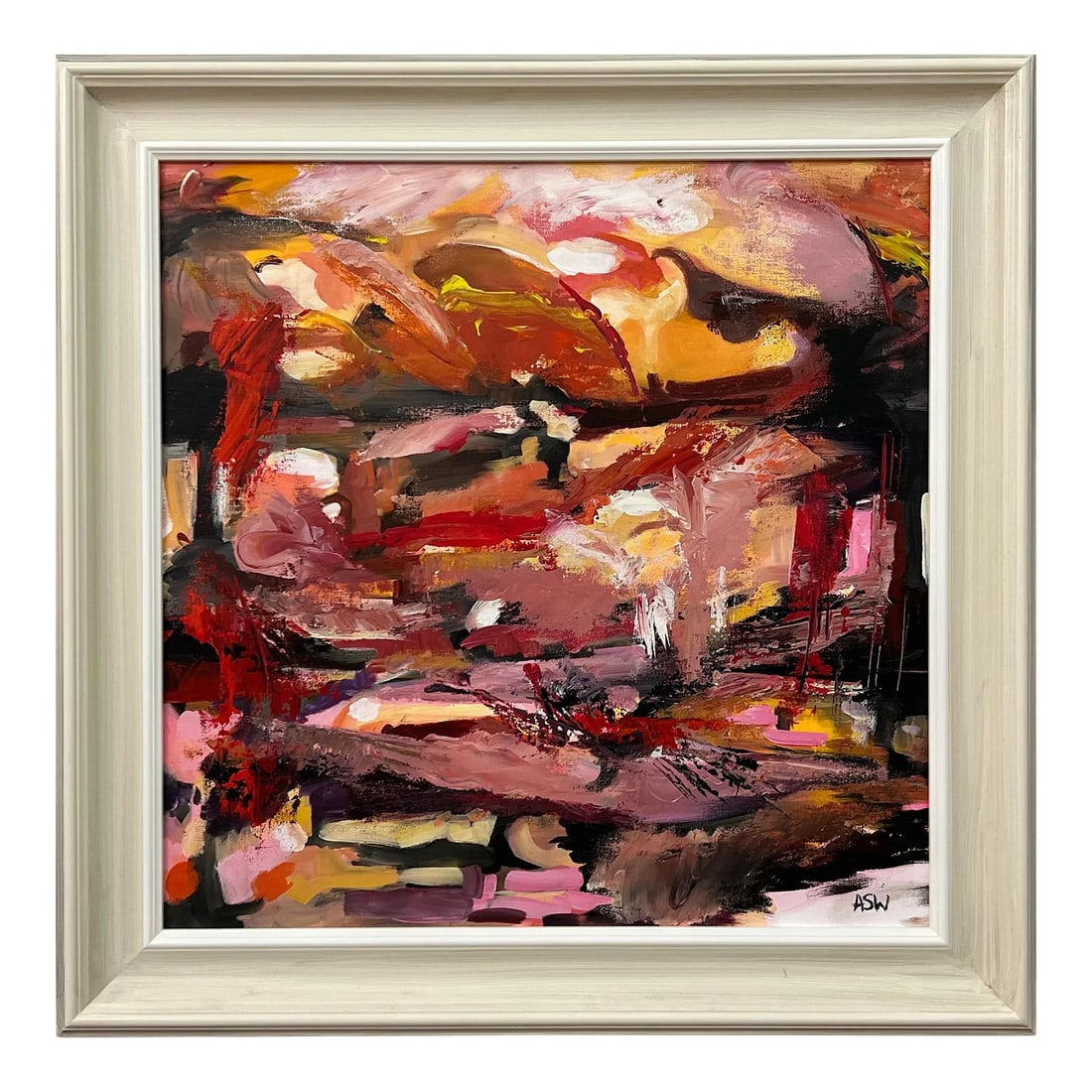 Pink Red & Orange Abstract Expressionist Painting by Contemporary British Artist: Abstract Expressionist Painting by Contemporary British Artist, Angela Wakefield, using rich pink, red, orange and black. Art measures 24 x 24 inches Frame measures 29 x 29 inches Angela Wakefield
