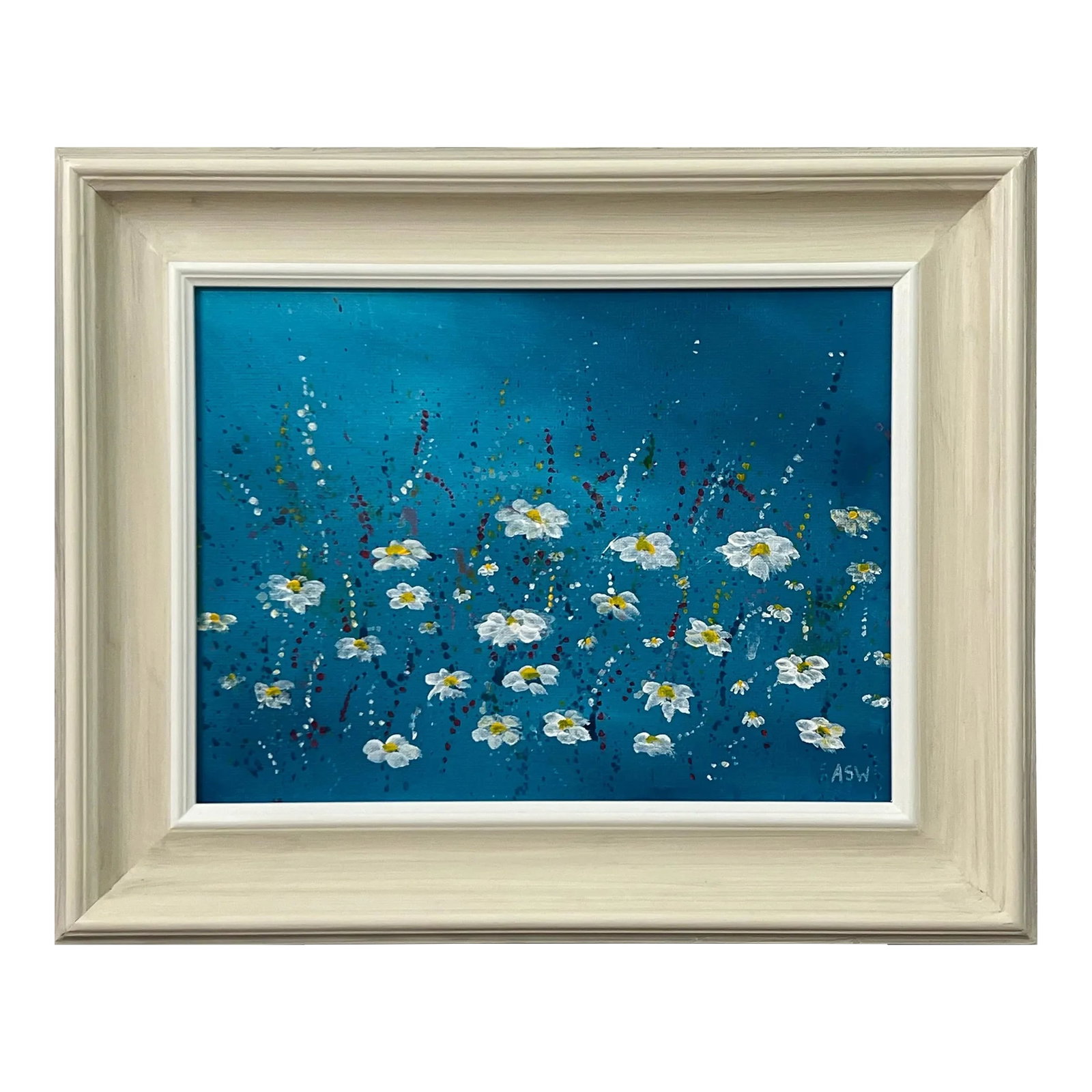 Angela Wakefield Abstract White Daisy Flowers on Turquoise Background by Contemporary Artist, 2023: Abstract White Daisy Flowers on Turquoise Background by British Contemporary Artist, Angela Wakefield. This original is from the 'Spring Burst' Interior Design Series. Framed in the highest quality