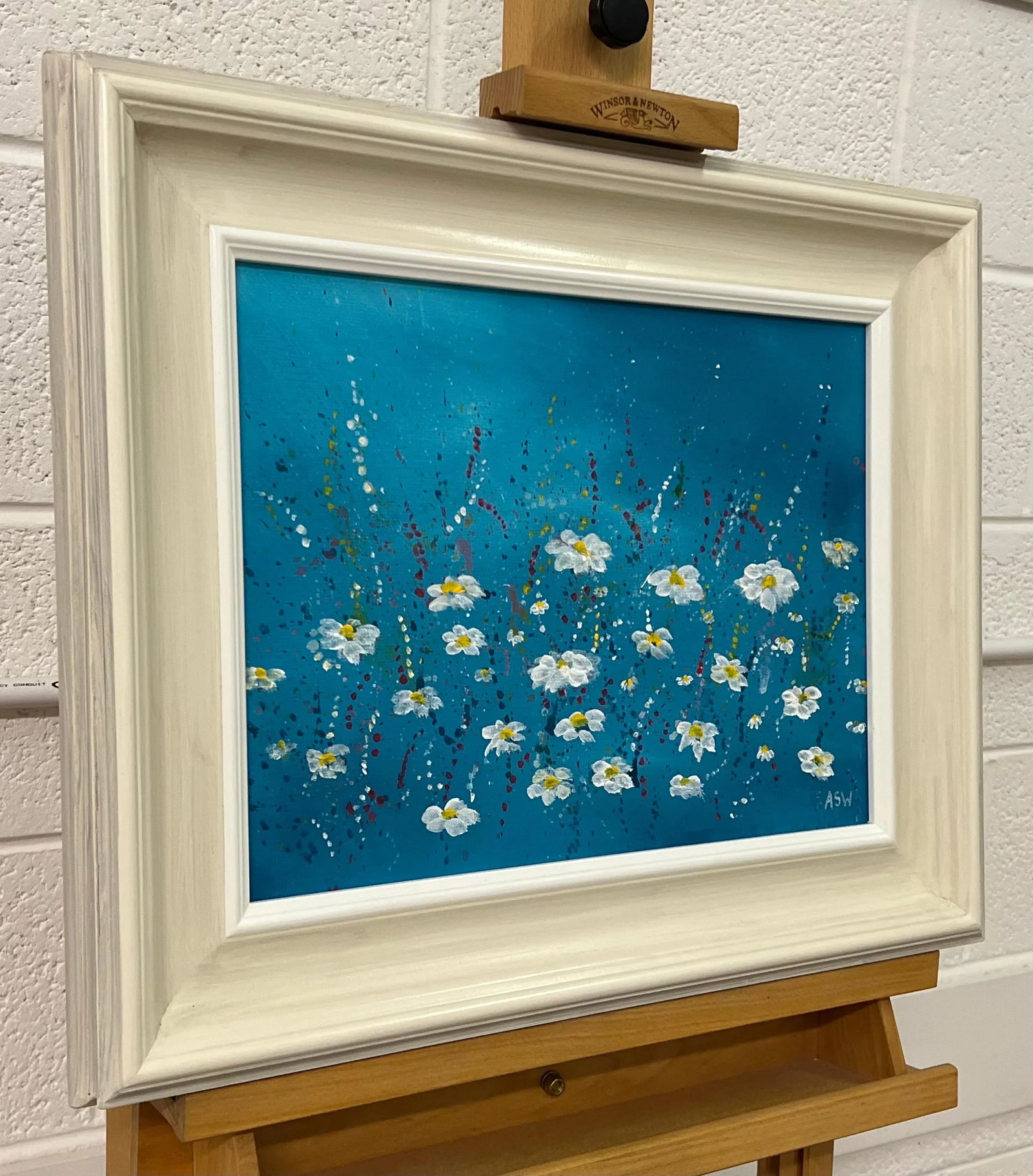 Angela Wakefield Abstract White Daisy Flowers on Turquoise Background by Contemporary Artist, 2023 - 2