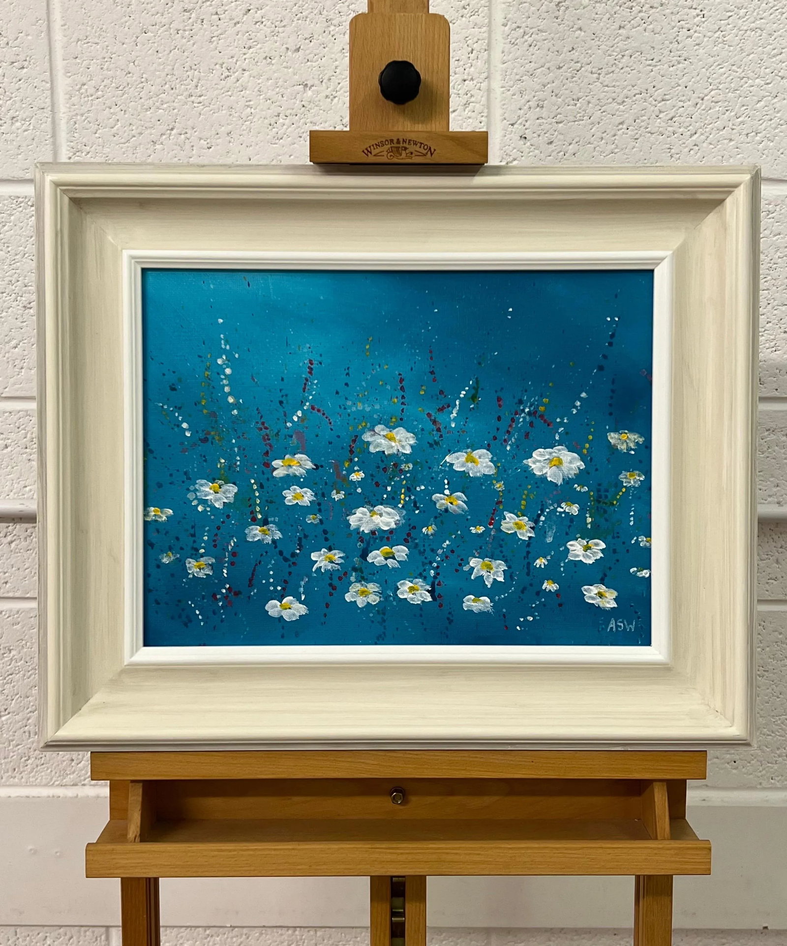 Angela Wakefield Abstract White Daisy Flowers on Turquoise Background by Contemporary Artist, 2023 - 3