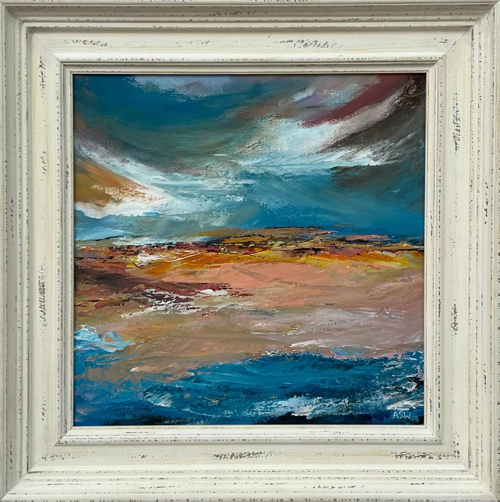 Colourful Expressive Abstract Seascape Landscape Painting Using Earthy Tones: Colourful Expressive Abstract Seascape Landscape Painting with Dramatic Sky by Contemporary British Artist, Angela Wakefield. Art measures 16 x 16 inches Frame measures 21 x 21 inches Angela