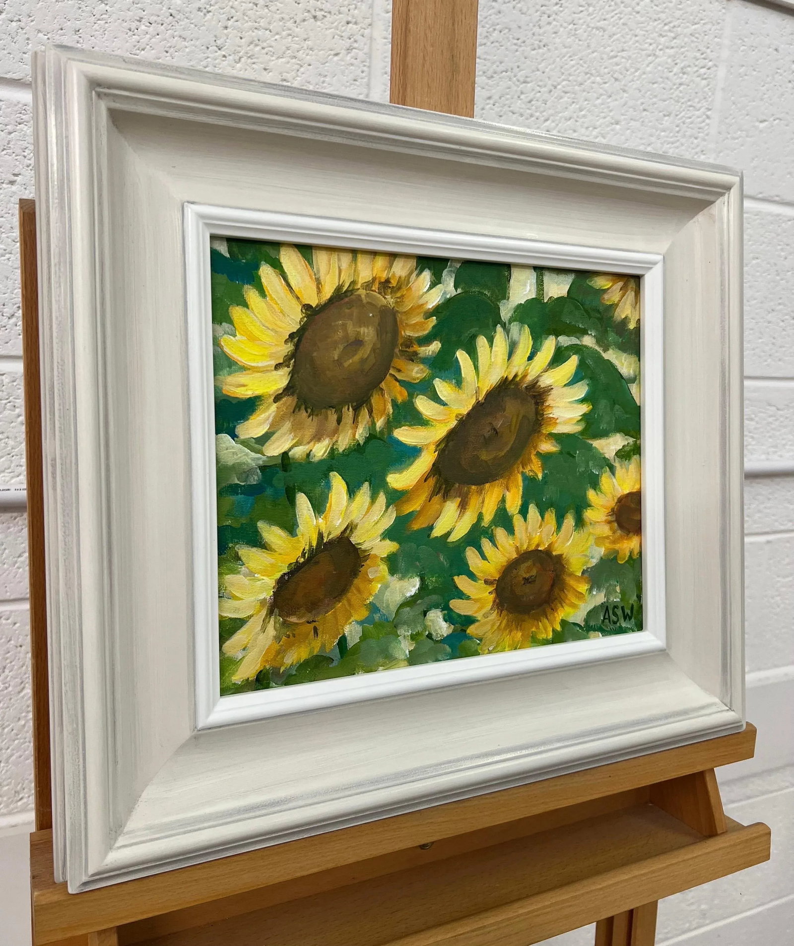 Angela Wakefield Golden Yellow Sunflowers Study on Green Background by Contemporary Artist, 2023 - 2