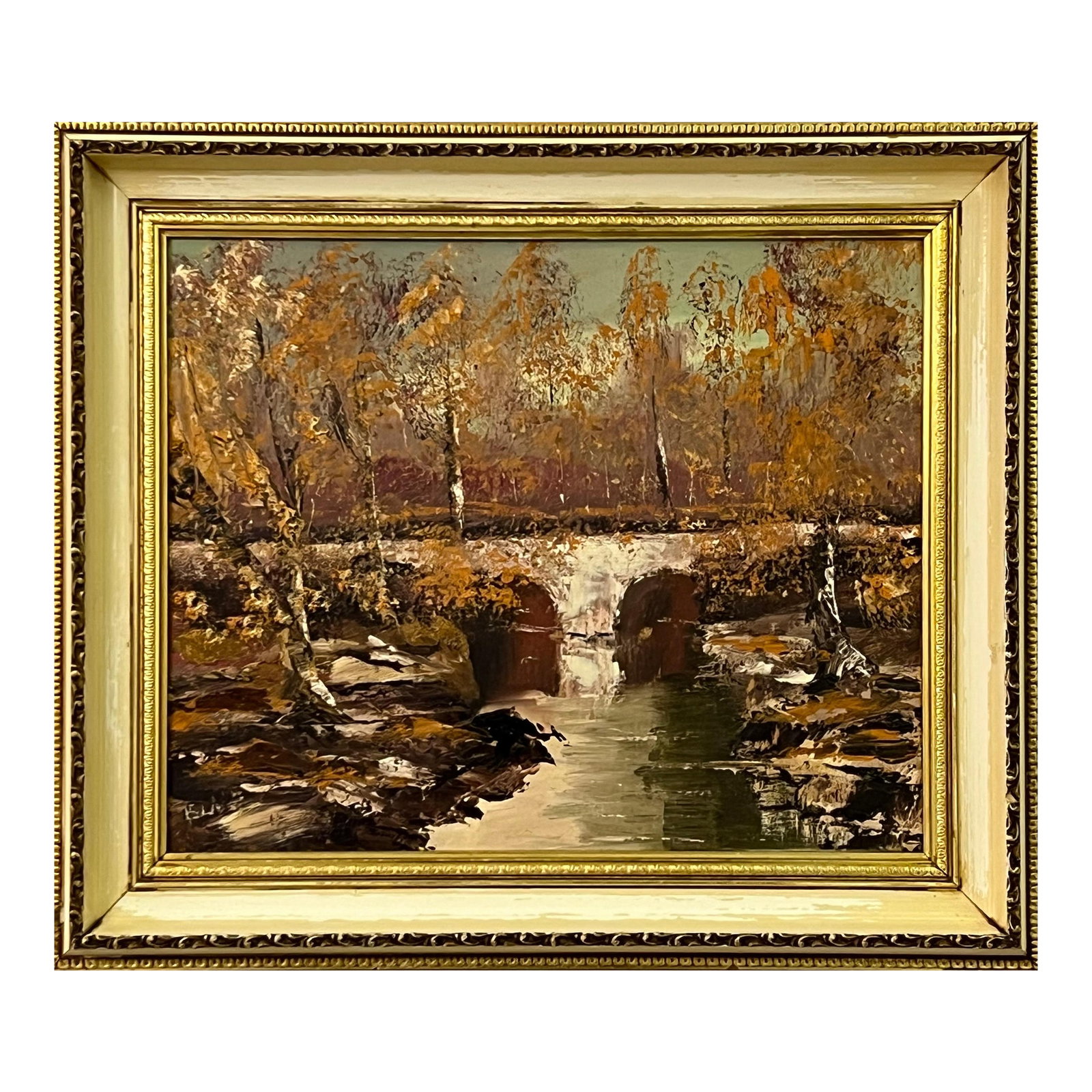 Original Impasto Oil Painting Art of an Autumnal River Landscape by Irish Artist, 1985: Original Impasto Oil Painting Art of an Autumnal River Landscape by Irish Artist, Liam Blake Art measures 17 x 14 inches Frame measures 23 x 20 inches This autumnal landscape unfolds like a memory