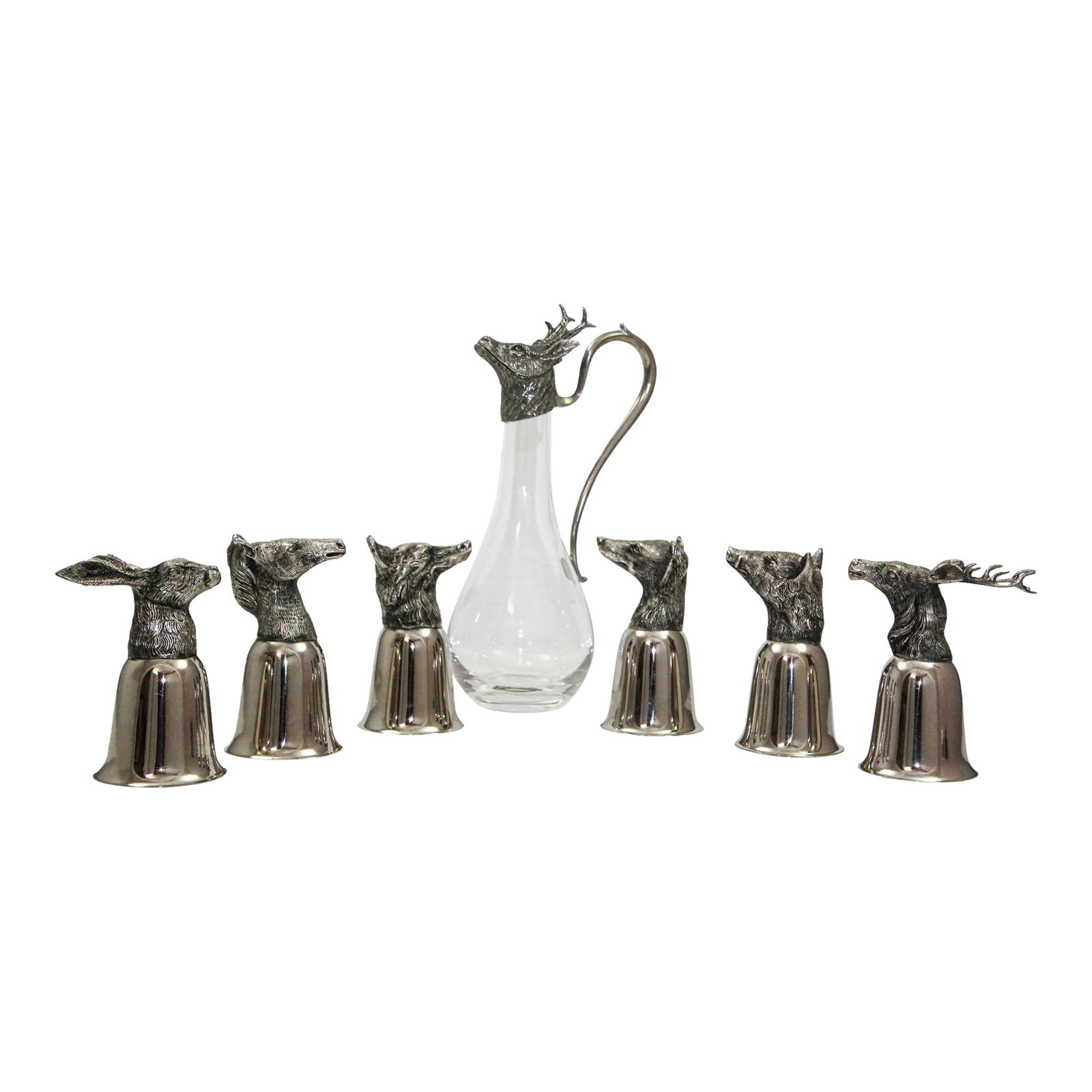 Set of 6 Silver Stirrup Cups Goblets Animal Heads With Wine Decanter Italy 1970s (1 of 12)