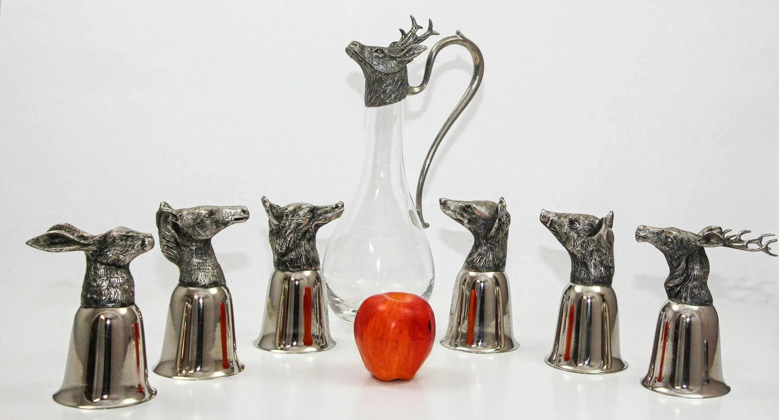 Set of 6 Silver Stirrup Cups Goblets Animal Heads With Wine Decanter Italy 1970s - 5