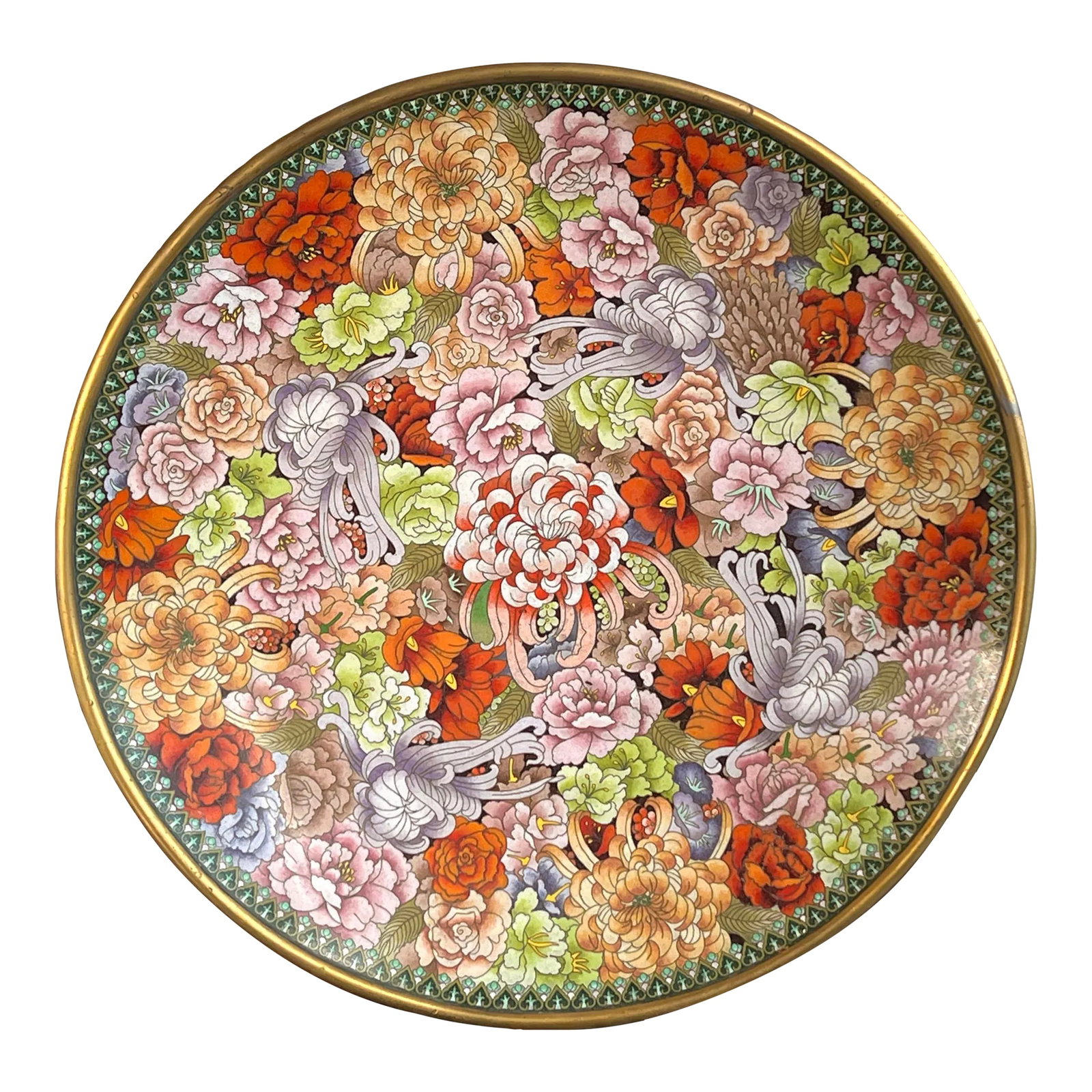 Monumental Antique 1920's Chinese Imperial Cloisonne Serving Tray / Charger: This large Chinese cloisonné charger dates to the 1920s and measures 20 1/4 inches in diameter and 2 3/4 inches high. The front is decorated with layered floral motifs and a ruyi-style border,