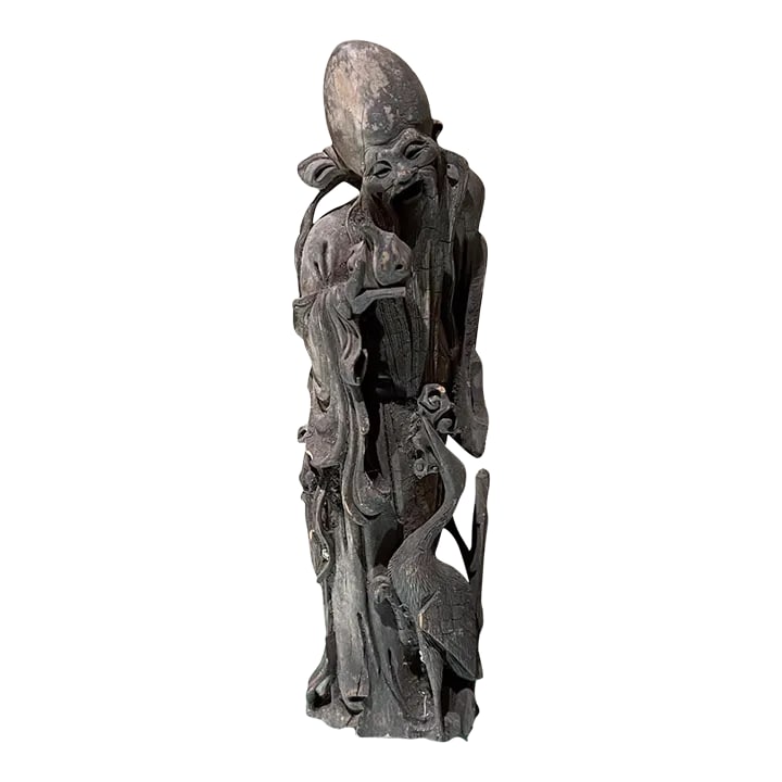 Asian Hand Carved Wood Sculpture Star of Longevity ShÃ²u XÄ«ng: For your consideration, an Asian ShÃ²u XÄ«ng hand carved wood sculpture star of longevity star of old age. Chinese original carving master deity with crane. Dimensions: 9.75 H x
