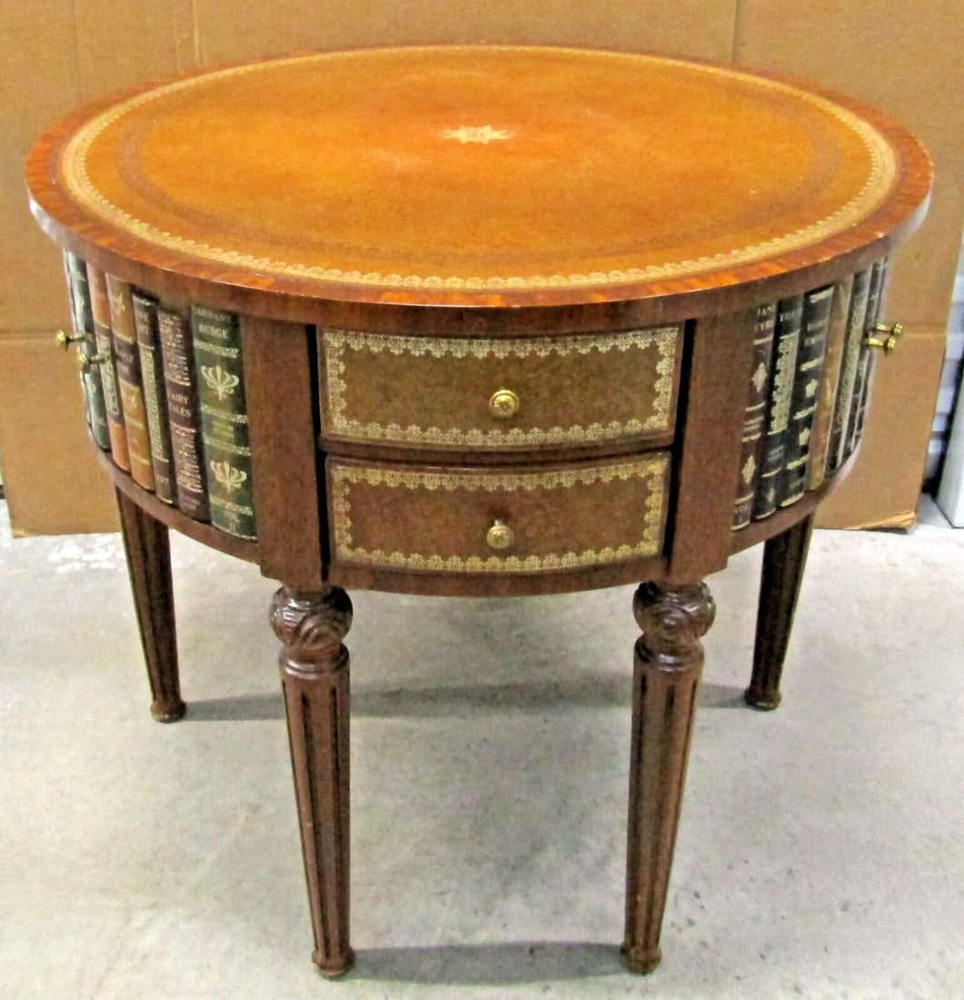 1950s Vintage Maitland Smith Signature Tromp l'Oeil Center Drum Table Tooled Leather - 2