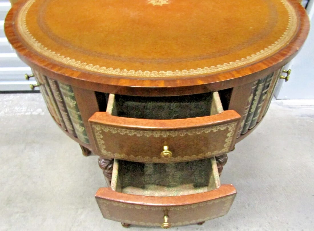 1950s Vintage Maitland Smith Signature Tromp l'Oeil Center Drum Table Tooled Leather - 5