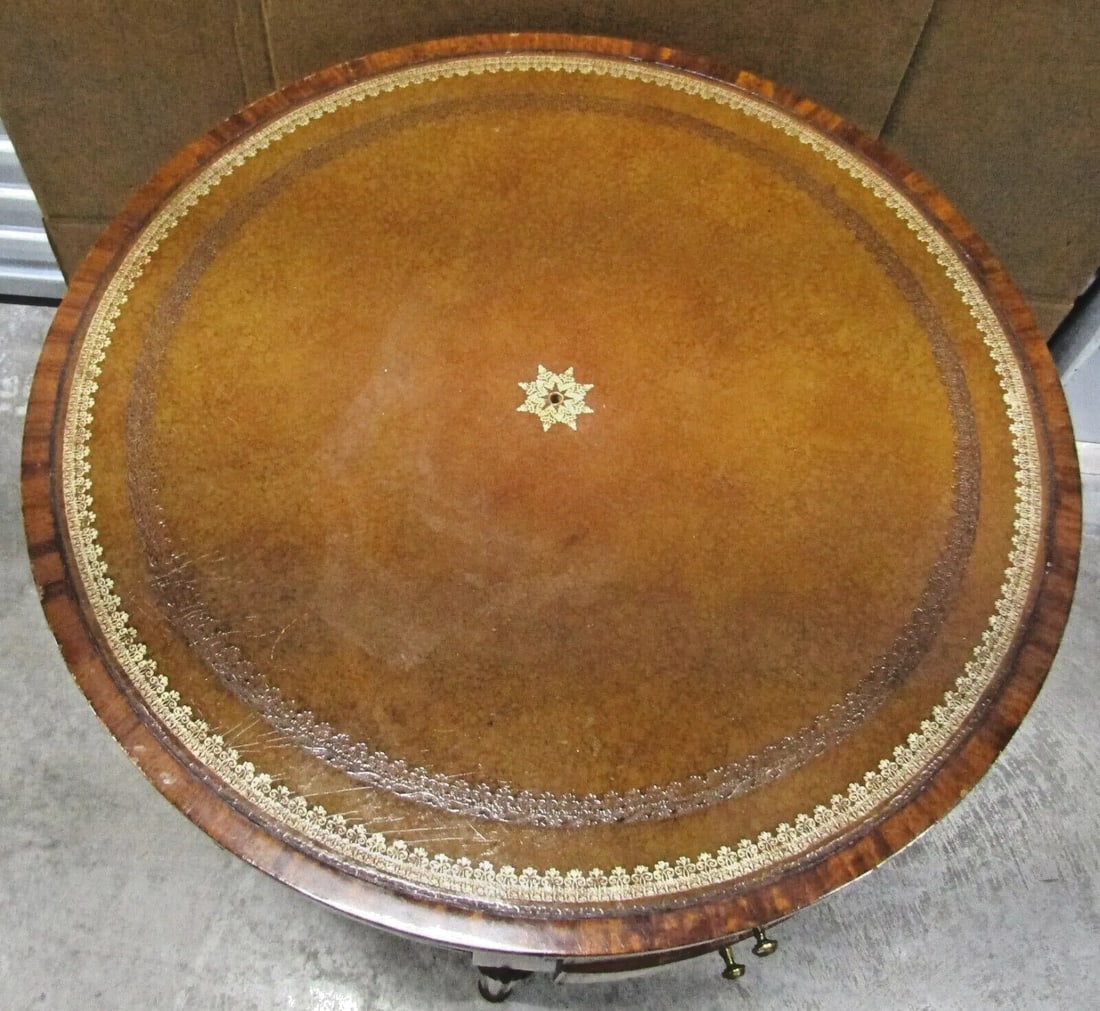 1950s Vintage Maitland Smith Signature Tromp l'Oeil Center Drum Table Tooled Leather - 8