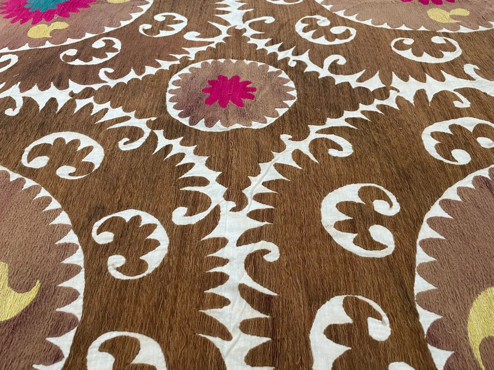 Vintage Embroidered Uzbekistan Suzani Tapestry Wall Hanging Brown and Pink XL - 10
