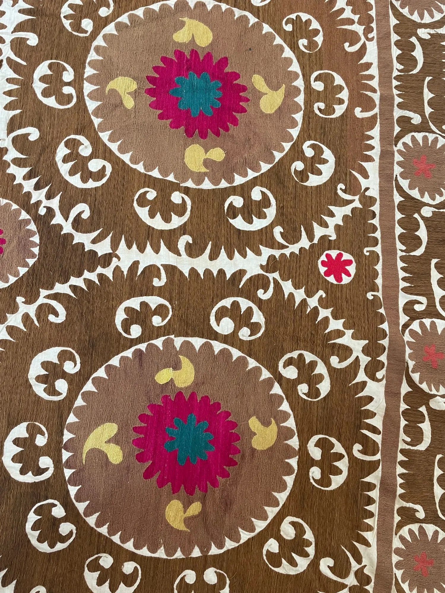 Vintage Embroidered Uzbekistan Suzani Tapestry Wall Hanging Brown and Pink XL - 11
