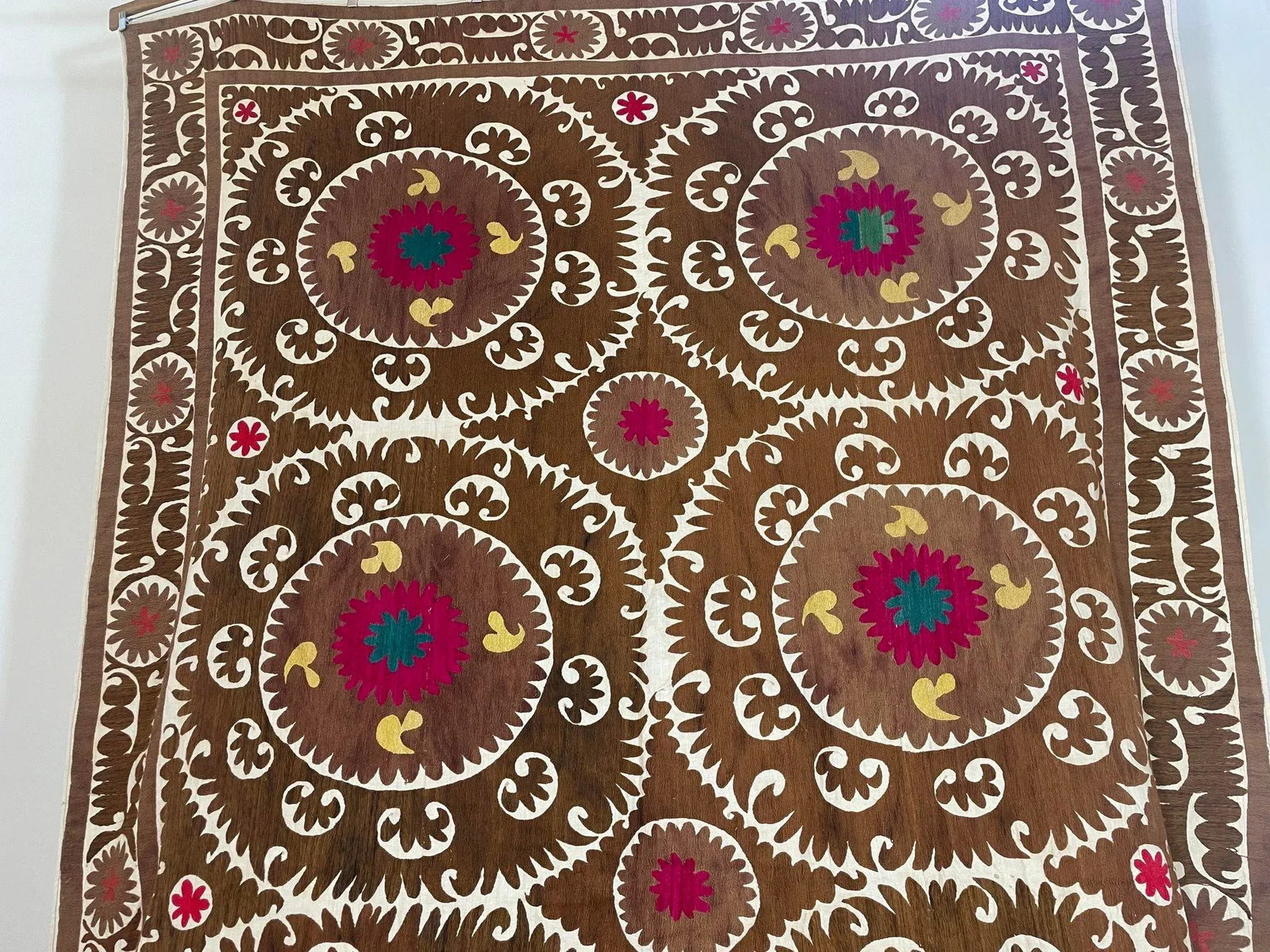 Vintage Embroidered Uzbekistan Suzani Tapestry Wall Hanging Brown and Pink XL - 3