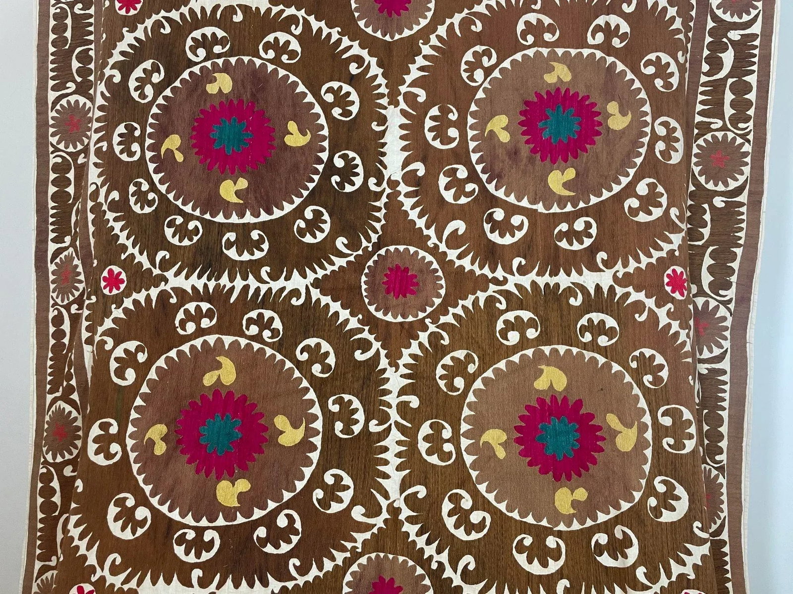 Vintage Embroidered Uzbekistan Suzani Tapestry Wall Hanging Brown and Pink XL - 4
