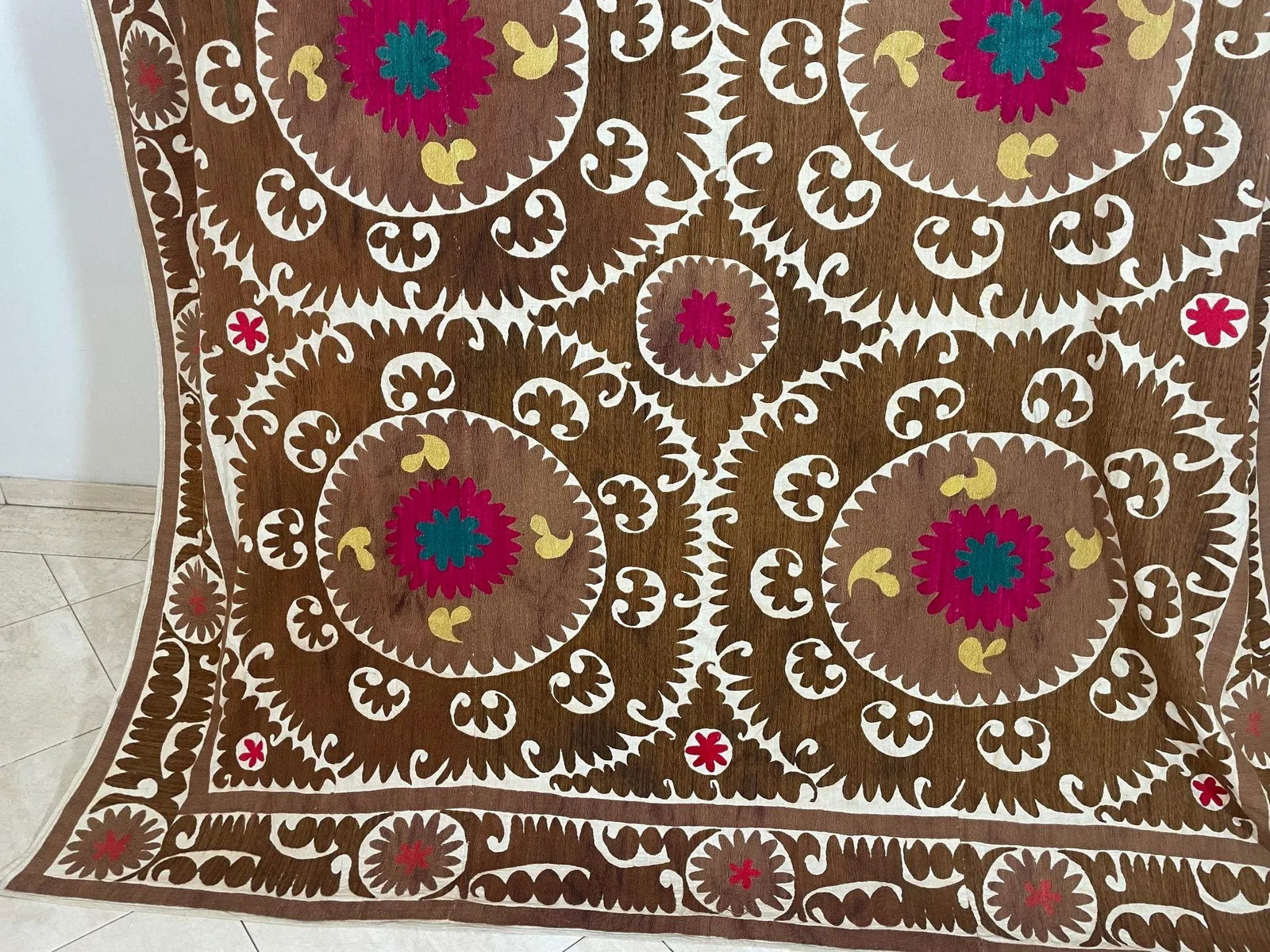 Vintage Embroidered Uzbekistan Suzani Tapestry Wall Hanging Brown and Pink XL - 5