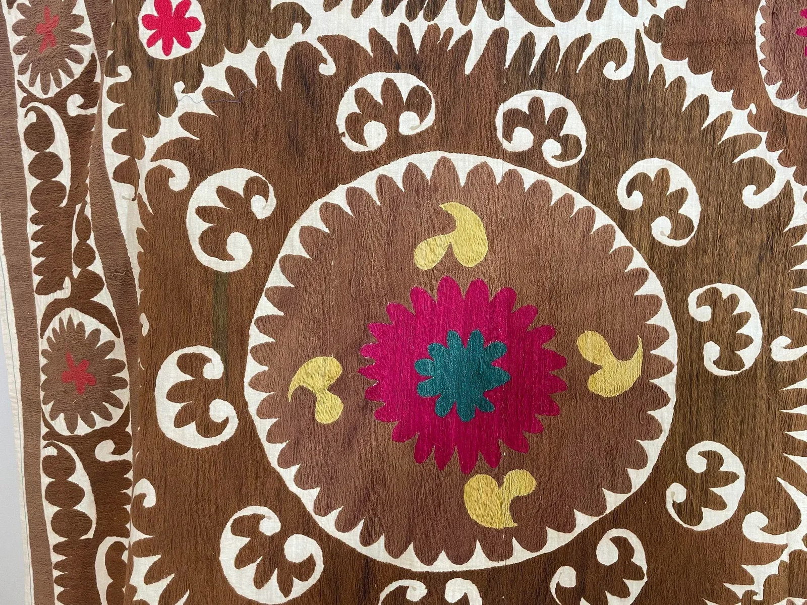 Vintage Embroidered Uzbekistan Suzani Tapestry Wall Hanging Brown and Pink XL - 6