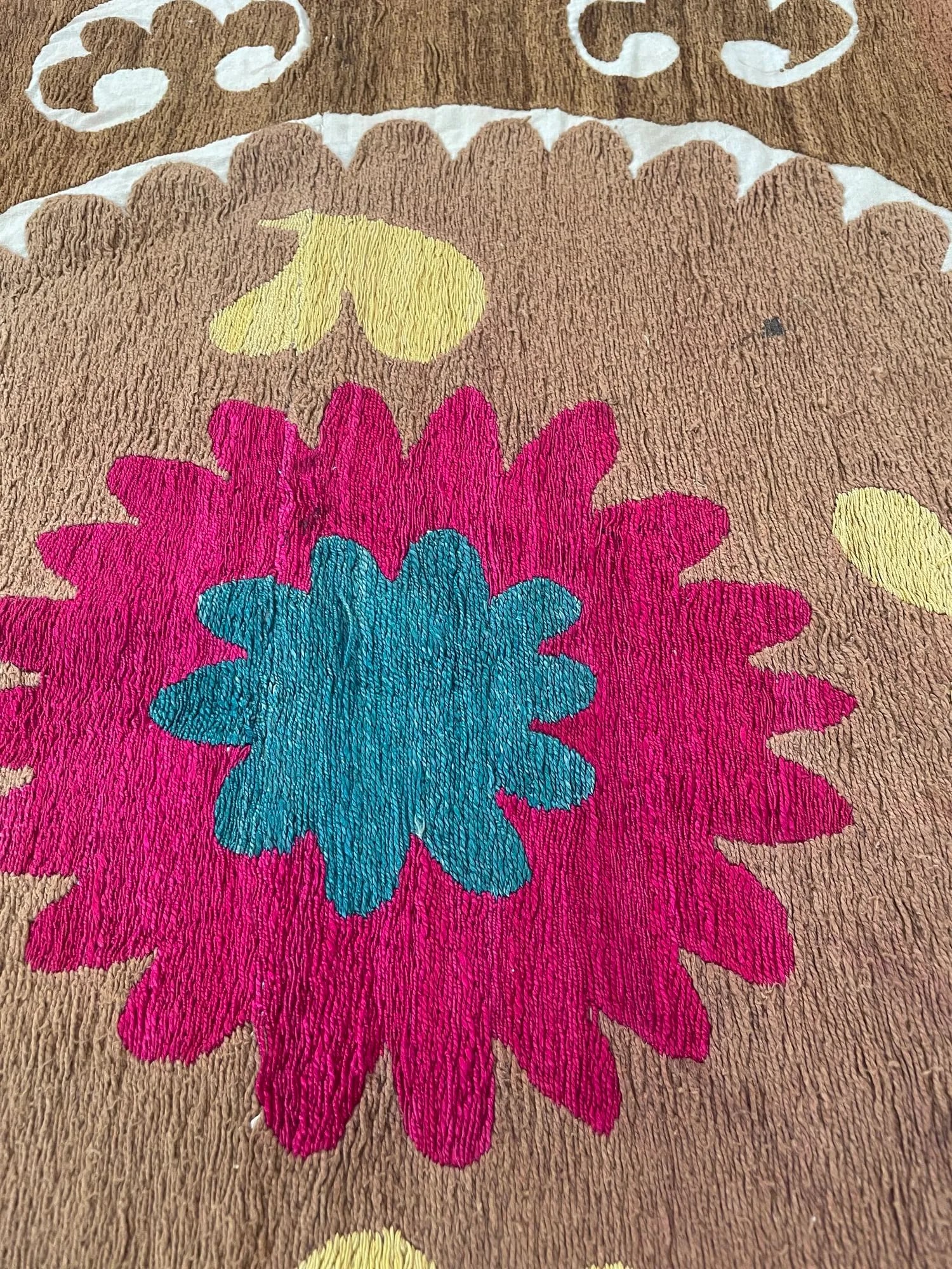 Vintage Embroidered Uzbekistan Suzani Tapestry Wall Hanging Brown and Pink XL - 8