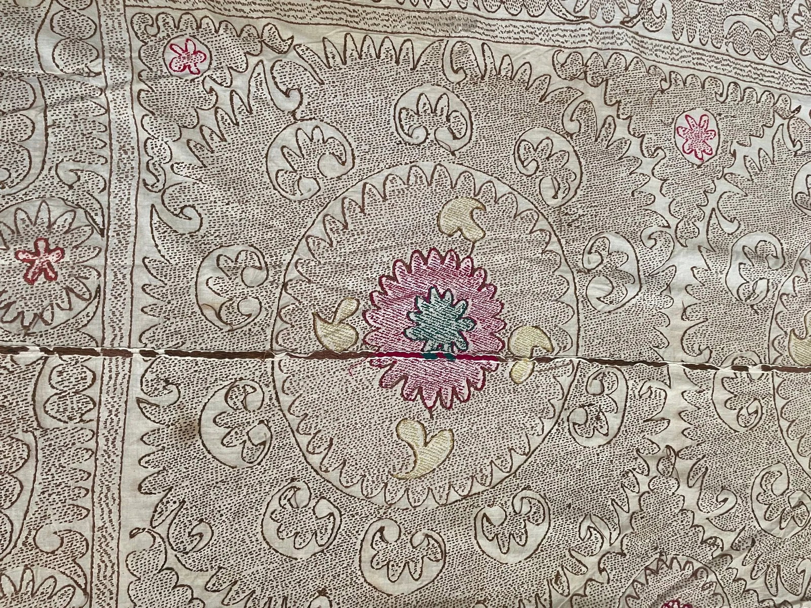 Vintage Embroidered Uzbekistan Suzani Tapestry Wall Hanging Brown and Pink XL - 9