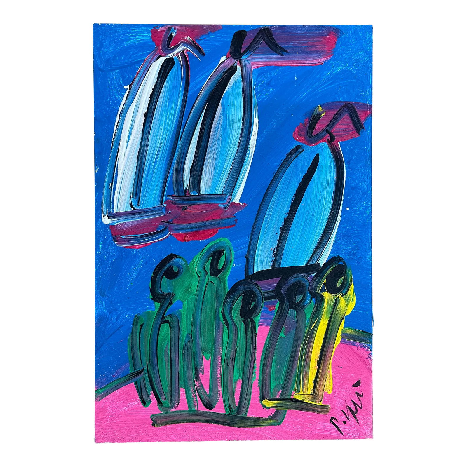 Original Peter Keil Sailboats Painting: Peter Keil is a German artist who focuses primarily on abstract expressionism. Keil painted with some of the greats, including Joan Miró, Pablo Picasso, and Andy Warhol, to name a few. This is a