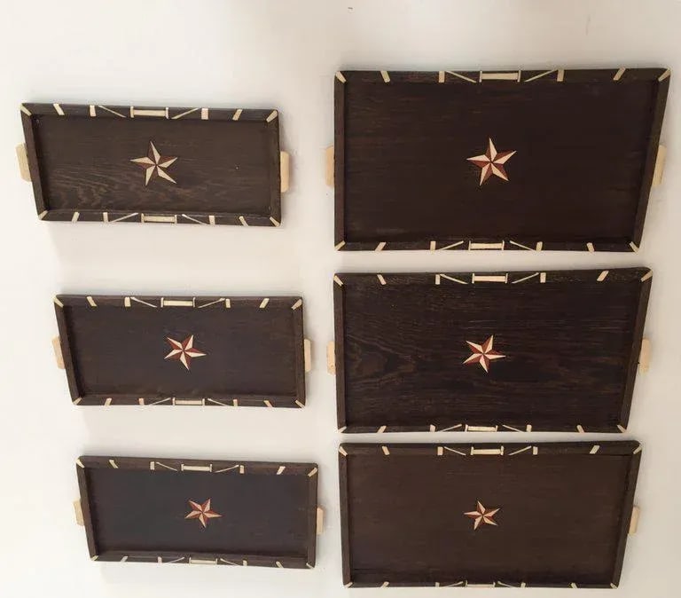 Vintage Anglo-Indian Stacking Wood Trays With Inlay - Set of 6 - 11