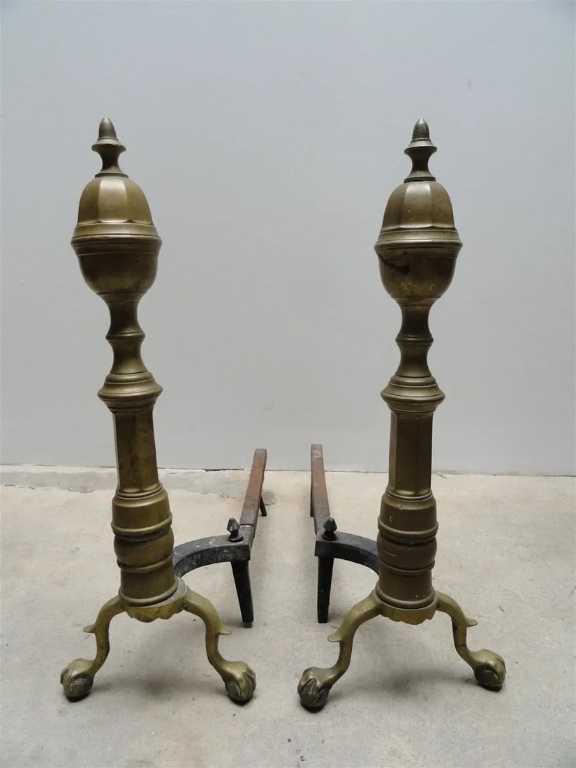 Chippendale 19th Century Brass Andirons With Ball & Claw Feet and Acorn Finials – American - 2
