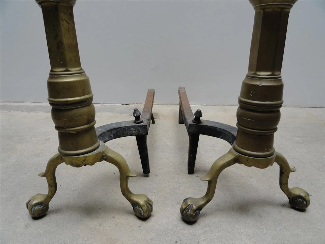 Chippendale 19th Century Brass Andirons With Ball & Claw Feet and Acorn Finials – American - 4
