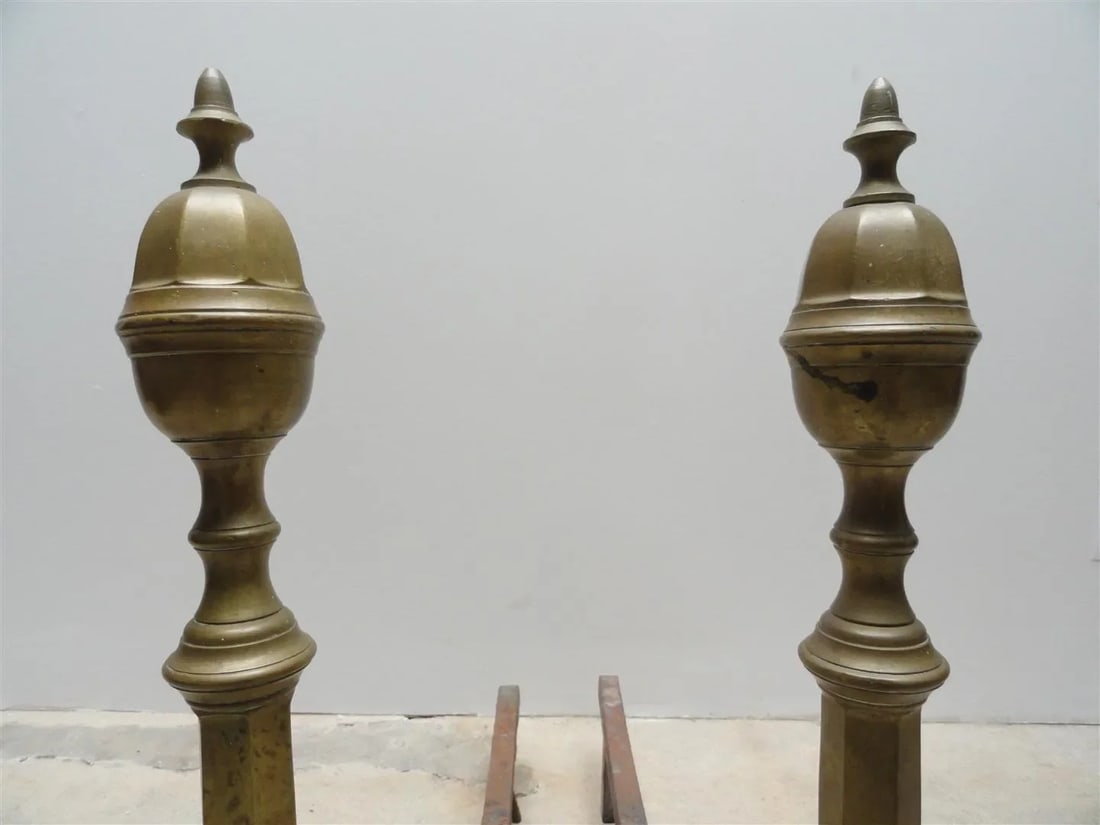 Chippendale 19th Century Brass Andirons With Ball & Claw Feet and Acorn Finials – American - 5