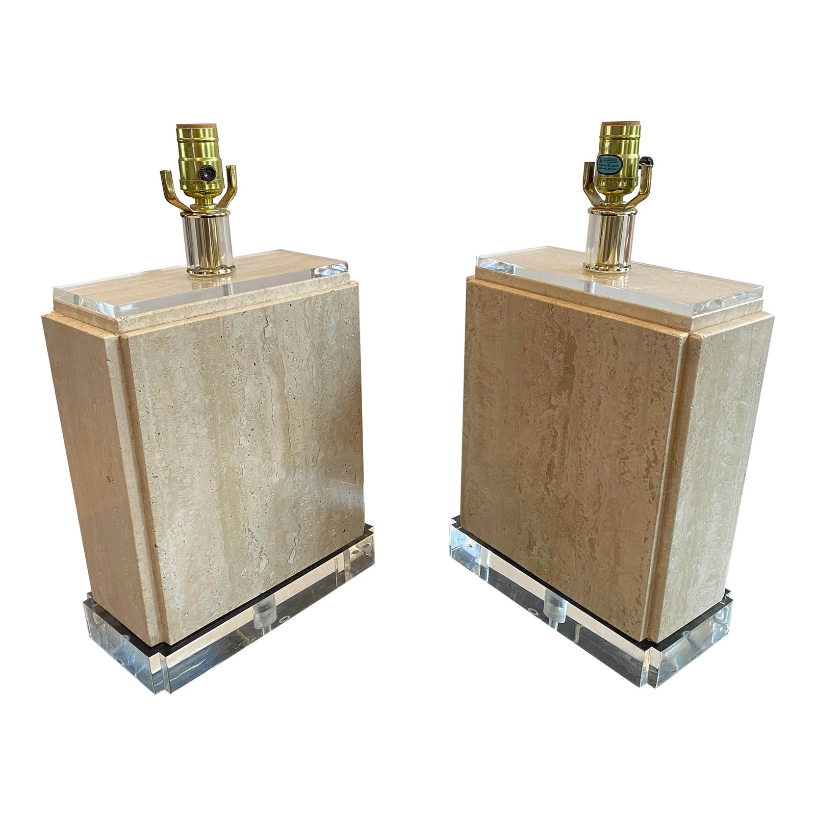 Sculptural Pair of Travertine & Lucite Table Lamps "” Geometric Postmodern Italian Design: Striking and sculptural, this pair of vintage table lamps blends geometric form with natural elegance. Likely Italian imports from the 1980s or early 1990s, these lamps feature stacked cream travertin