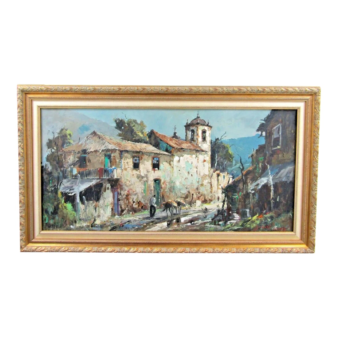 Vintage Durval Pereira Oil Painting Village Church Scene Brazil 47.5 X 23 Signed: Vintage Durval Pereira Oil Painting Village Church Scene Brazil 47.5" x 23" Signed and Dated 1974 Brazilian painter, b. 1917 - d. 1984 Durval Pereira (1917 - 1984) was active/lived in Brazil. Durval P