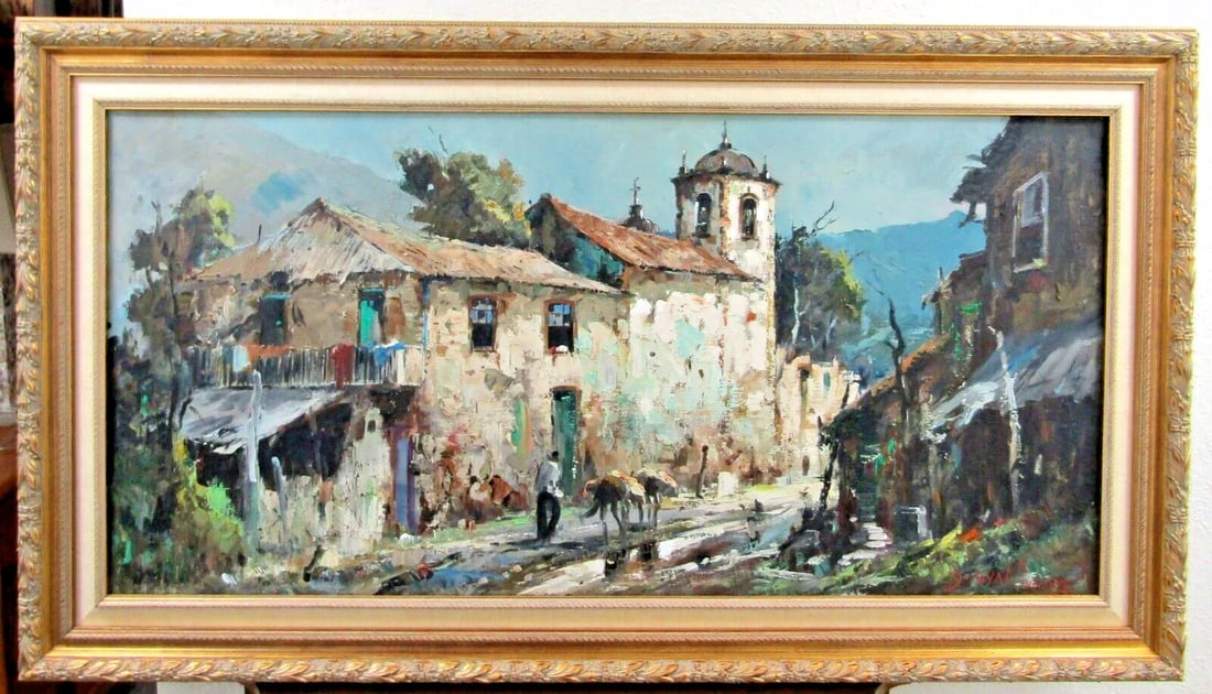 Vintage Durval Pereira Oil Painting Village Church Scene Brazil 47.5 X 23 Signed - 2