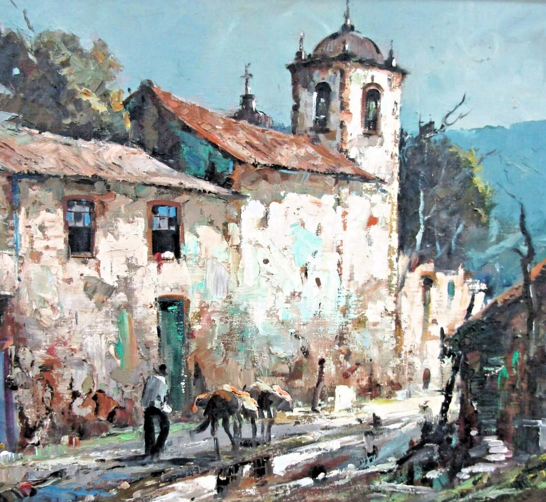 Vintage Durval Pereira Oil Painting Village Church Scene Brazil 47.5 X 23 Signed - 5