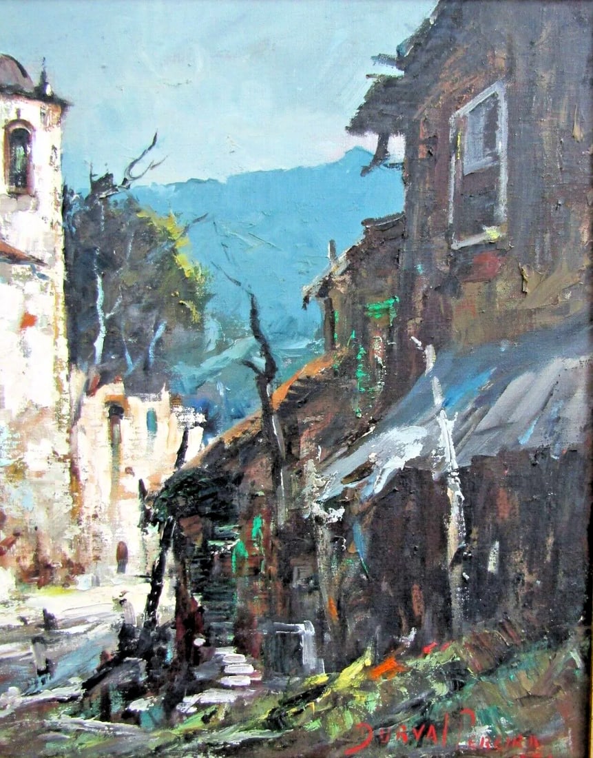 Vintage Durval Pereira Oil Painting Village Church Scene Brazil 47.5 X 23 Signed - 6