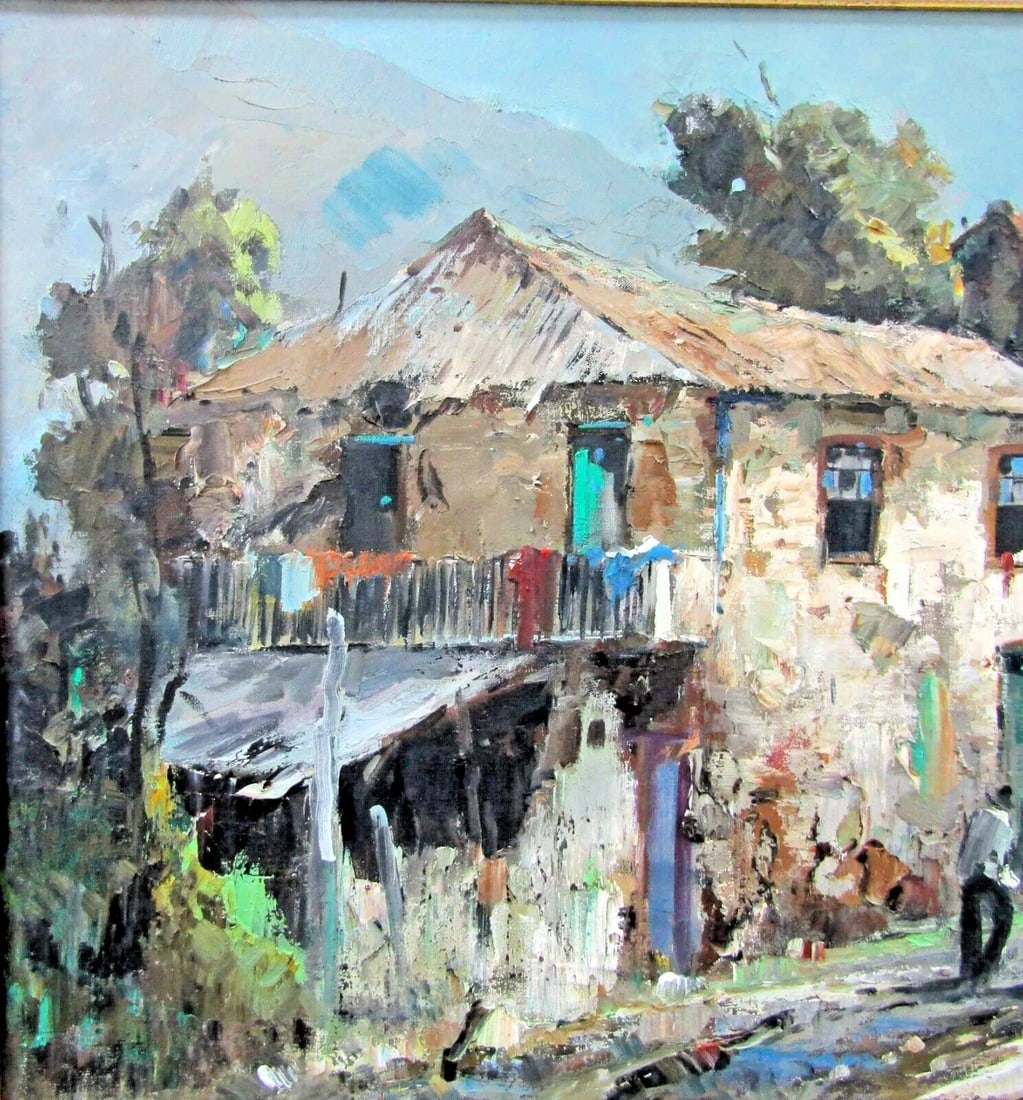 Vintage Durval Pereira Oil Painting Village Church Scene Brazil 47.5 X 23 Signed - 7