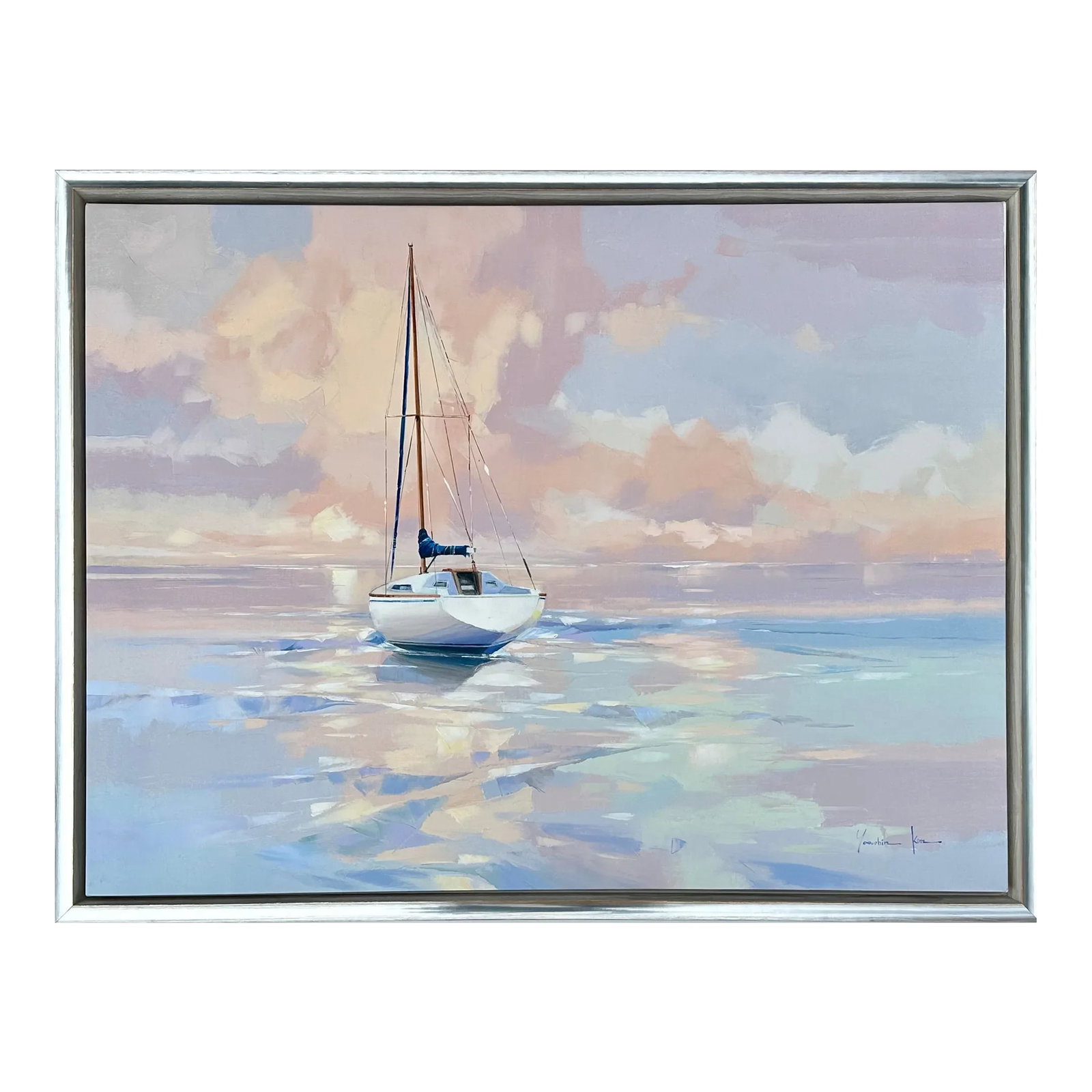 Modern Sailboat Original Oil on Canvas by Yooshin Kim, Framed: Original oil on canvas by Yooshin Kim, custom framed in a sleek silver floating frame that complements the painting's vibrant surface and dimensional texture. Overall dimensions: 34 × 44 inches.