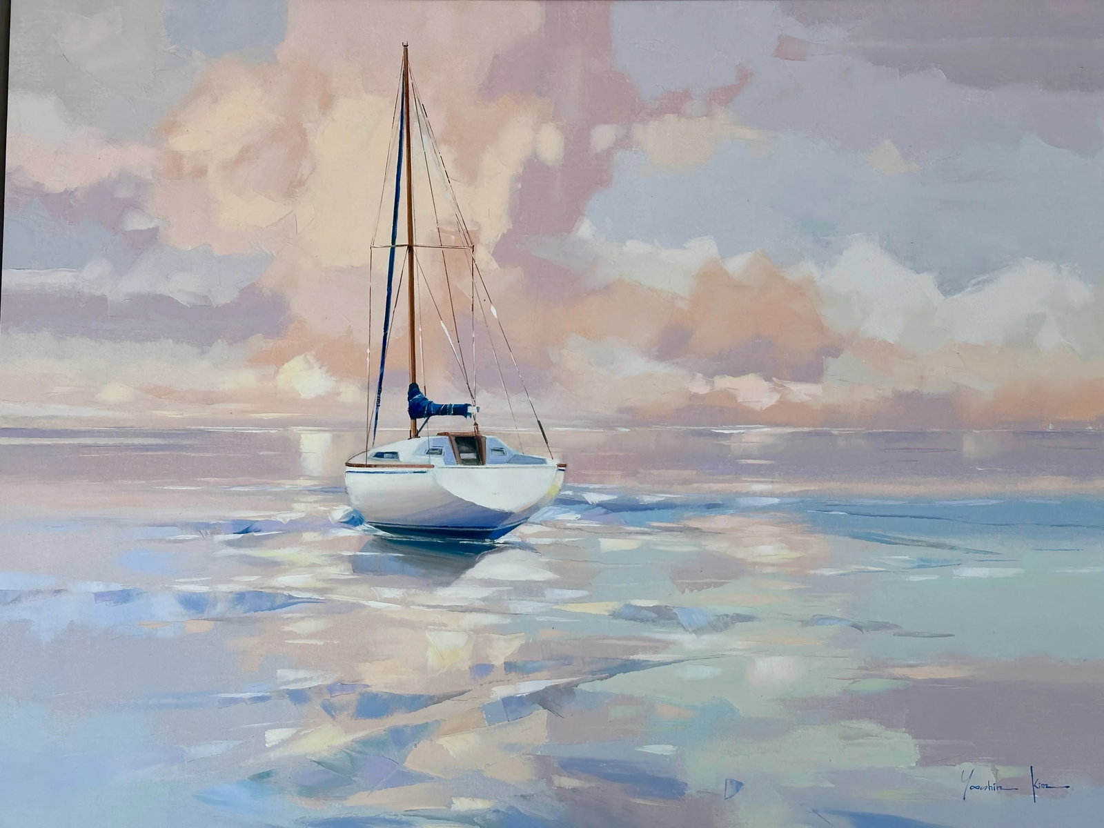 Modern Sailboat Original Oil on Canvas by Yooshin Kim, Framed - 2