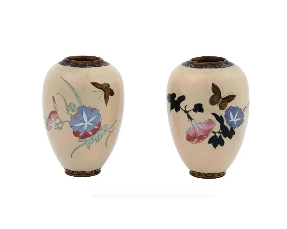 Late 19th Century A Pair of Barrel Shaped Japanese Meiji Cloisonne Enamel Butterfly Vases - 2
