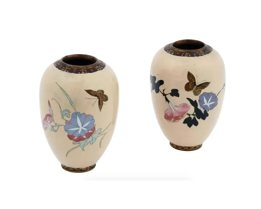 Late 19th Century A Pair of Barrel Shaped Japanese Meiji Cloisonne Enamel Butterfly Vases - 3