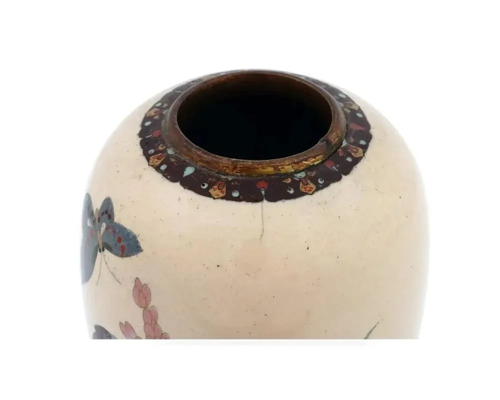 Late 19th Century A Pair of Barrel Shaped Japanese Meiji Cloisonne Enamel Butterfly Vases - 6