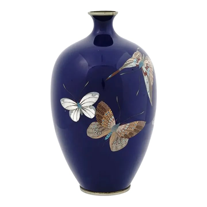 Late 19th Century Large Antique Meiji Japanese Cloisonne Enamel Butterflies Vase: A large antique Japanese Meiji period enamel vase. The vase has an amphora shaped body and a narrow neck. The vase is enameled with a polychrome image of butterflies made in the Cloisonne technique